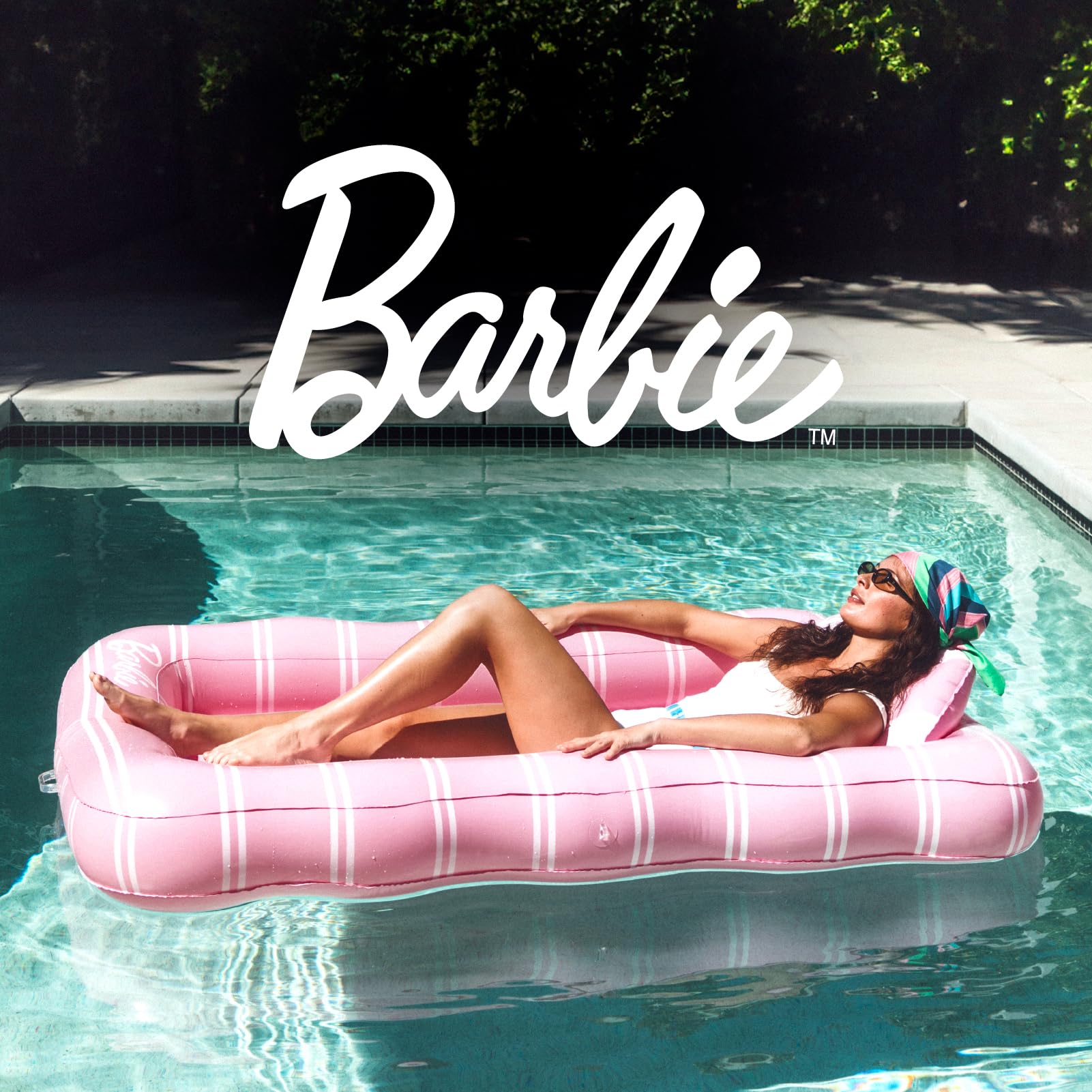 FUNBOY and Barbie Tanning Pool Lounger Float, XL 72'' x 48'' Pool Float with Custom Pillow and Large Cup Holder, Perfect for Pool or Backyard.