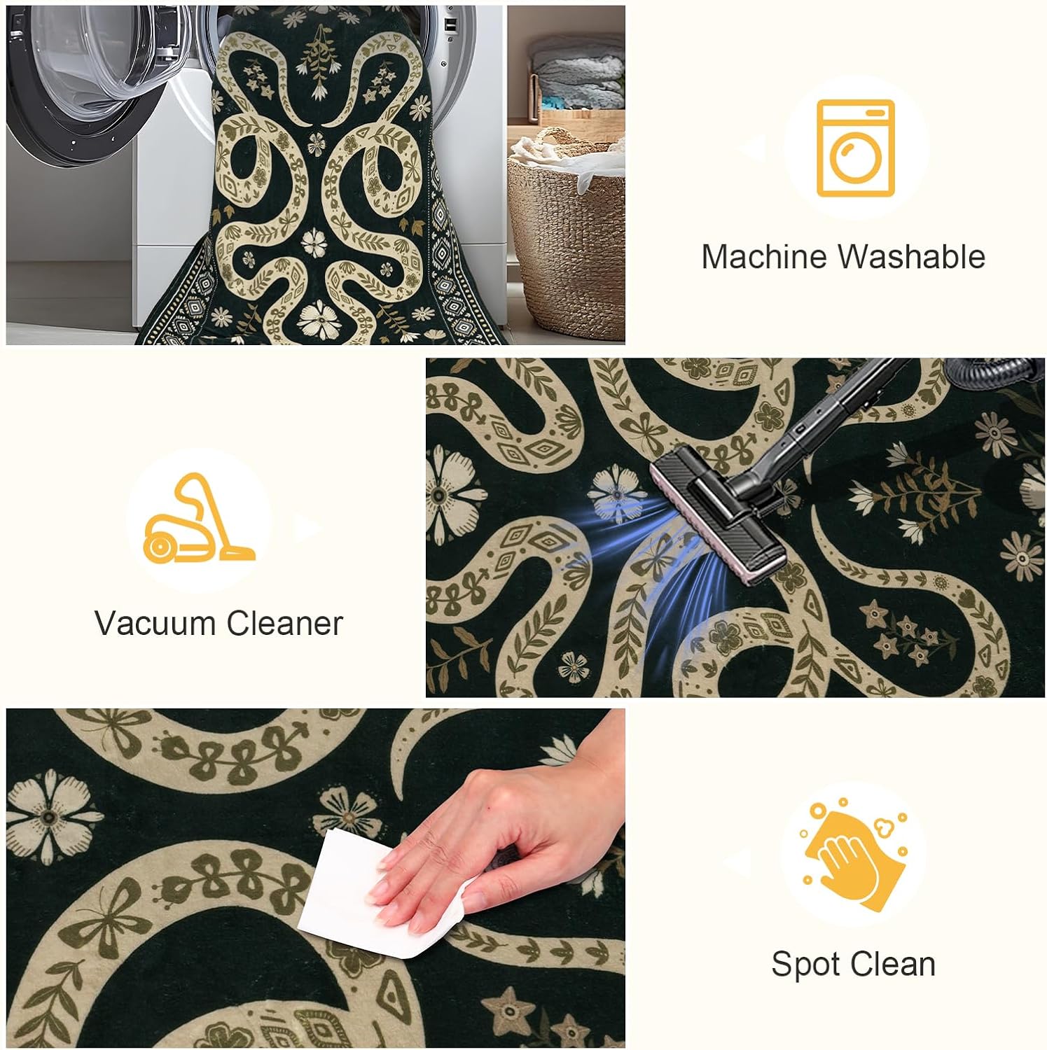 MOSISO 4x6 Area Rug for Living Room, Soft Non-Slip Twin Snakes and Flowers Low Pile Carpet, Faux Wool Rectangular Washable Floor Mat for Home Decor Bedside Bedroom Diningroom, Green