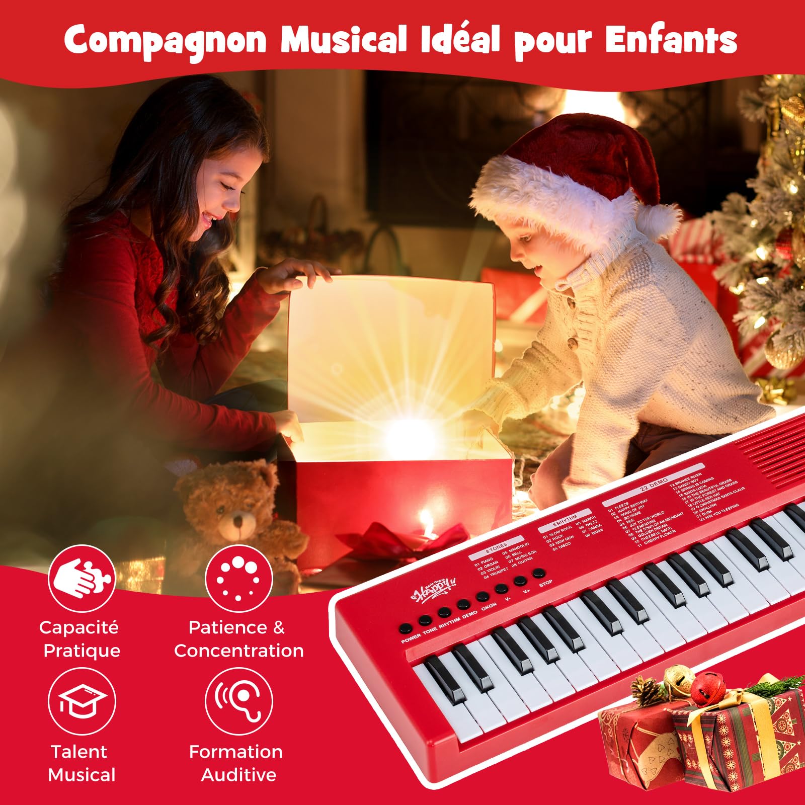 COSTWAY Clavier Piano Enfants 37 Touches avec Microphone, Piano Numérique Portable avec 8 Rythmes, 8 Tonalités, 22 Démos, Haut-parleurs, Jouet Musical Éducatif pour Garçons Filles 3 Ans+ (Rouge)