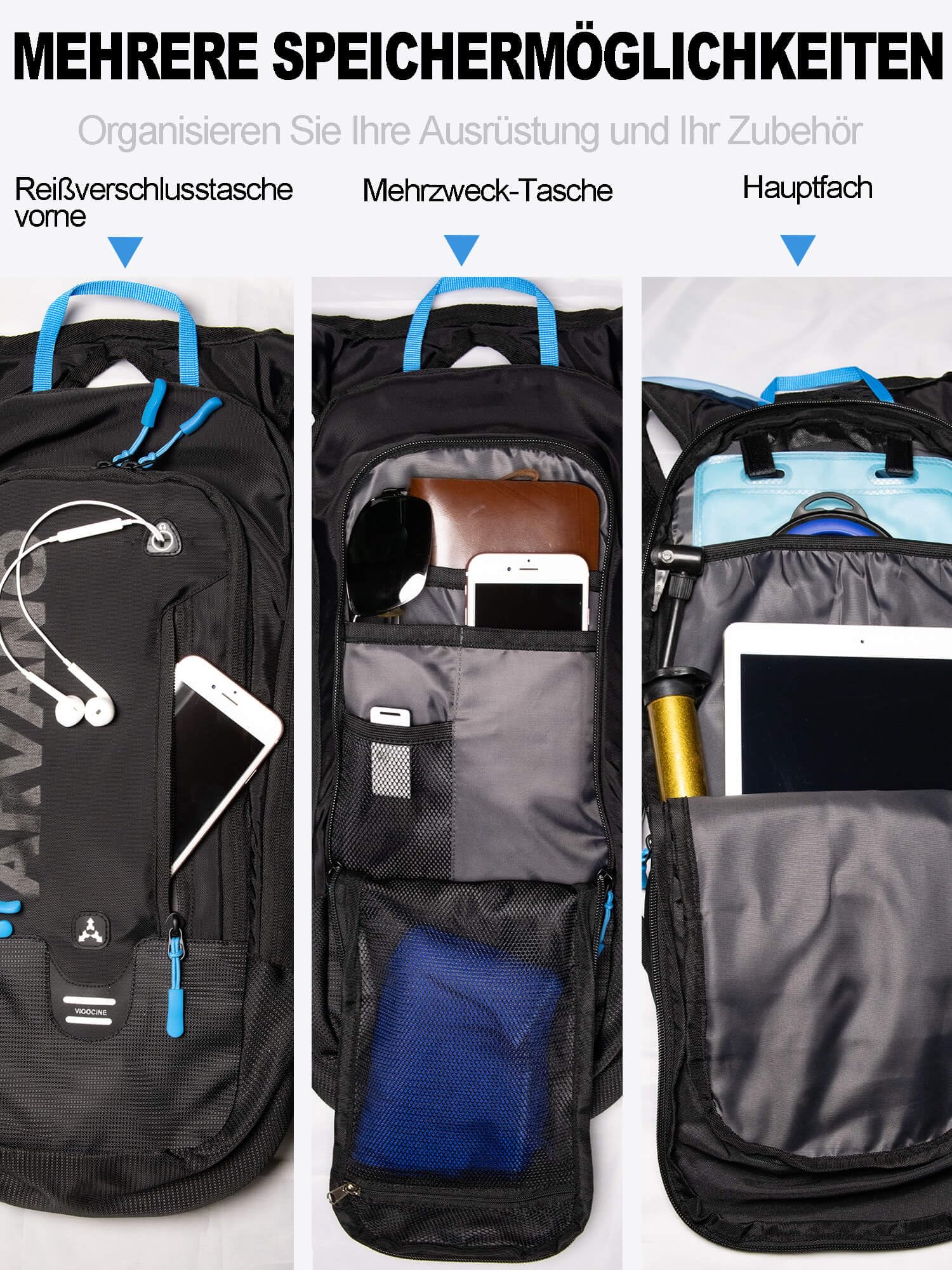 6L Fahrradrucksack mit 2L Trinkblase, Trinkrucksack Leicht & Atmungsaktiv, Mountainbike Rucksack mit Brust- & Hüftgurt, für Radfahren, Wandern, Laufen für Damen und Herren