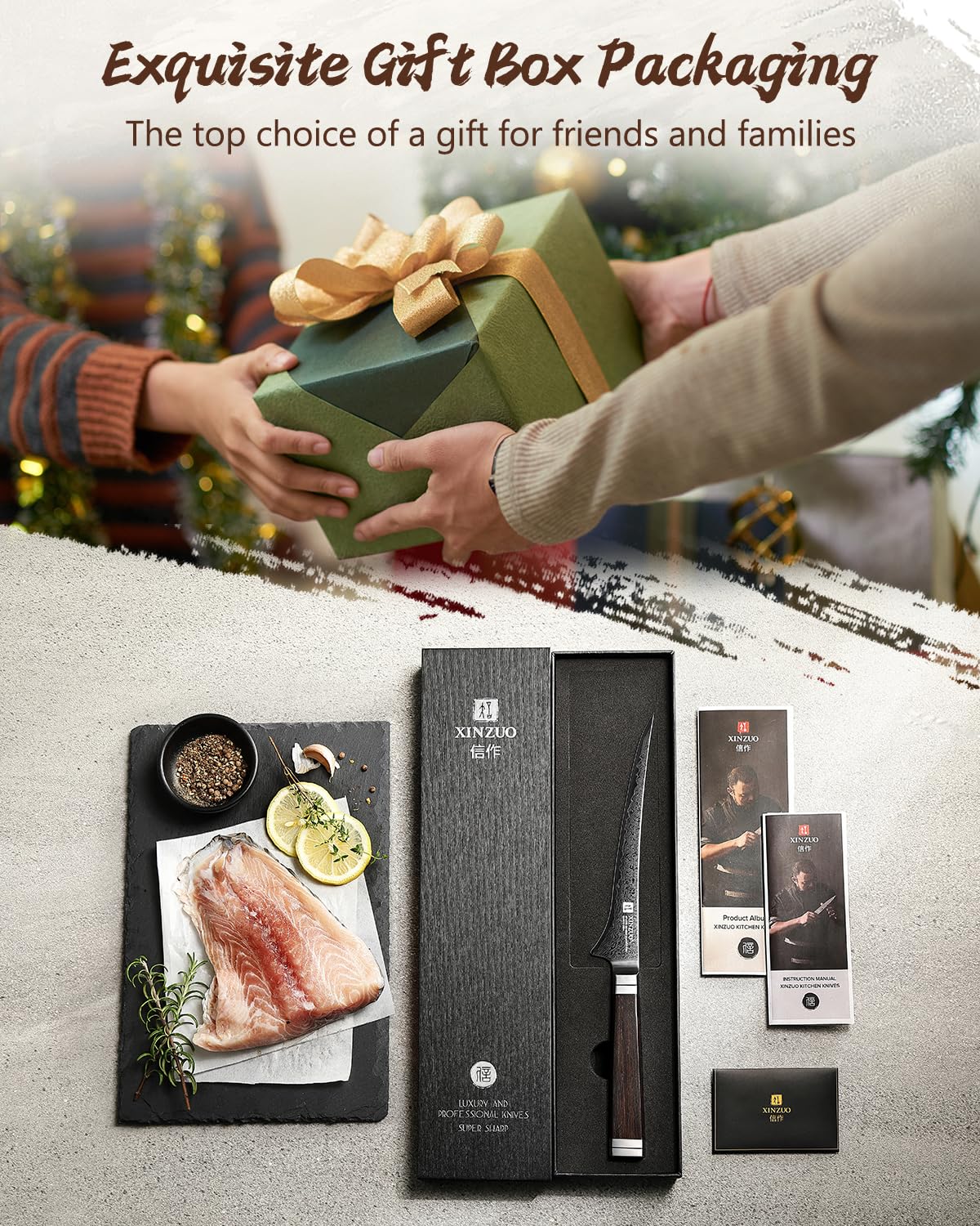 XINZUO 18,4cm Damaststahl Filetiermesser-Schwarze Klinge -67 Schichten Damastmesser Fischmesser Profi Kochmesser -Damaskus Fischfiliermesser Ausbeinmesser für Küchen -Griff aus Ebenholz