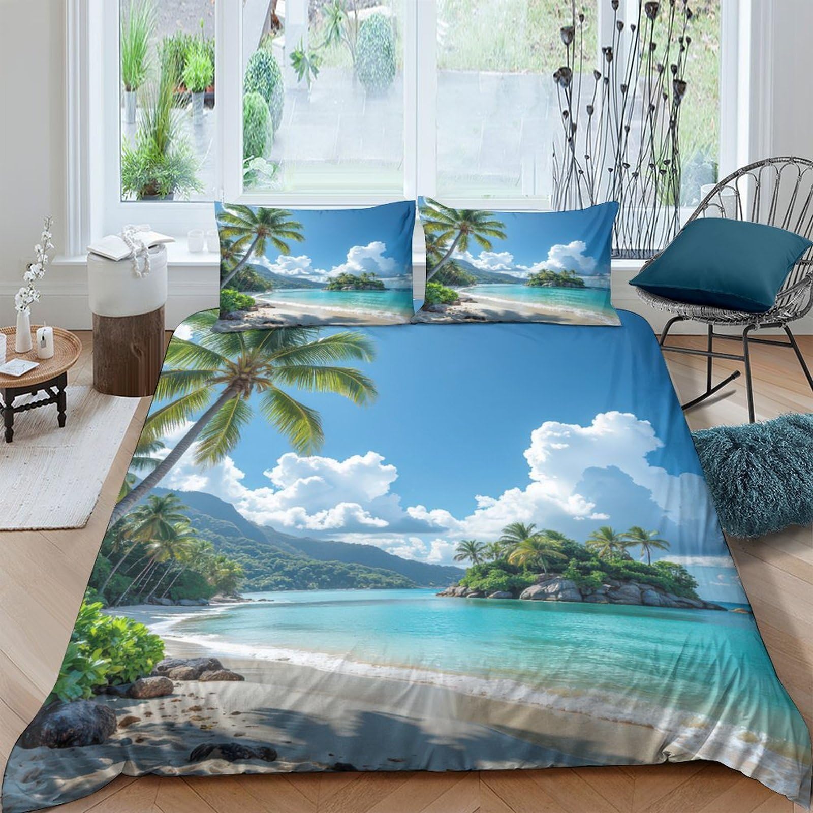 Ctjqhvkz Style-9 3D Printed Tropical Beach Fitted Sheet Microfiber Soft Blue Palm Island Mattress Cover For Bedroom Decor Single（135X200cm）