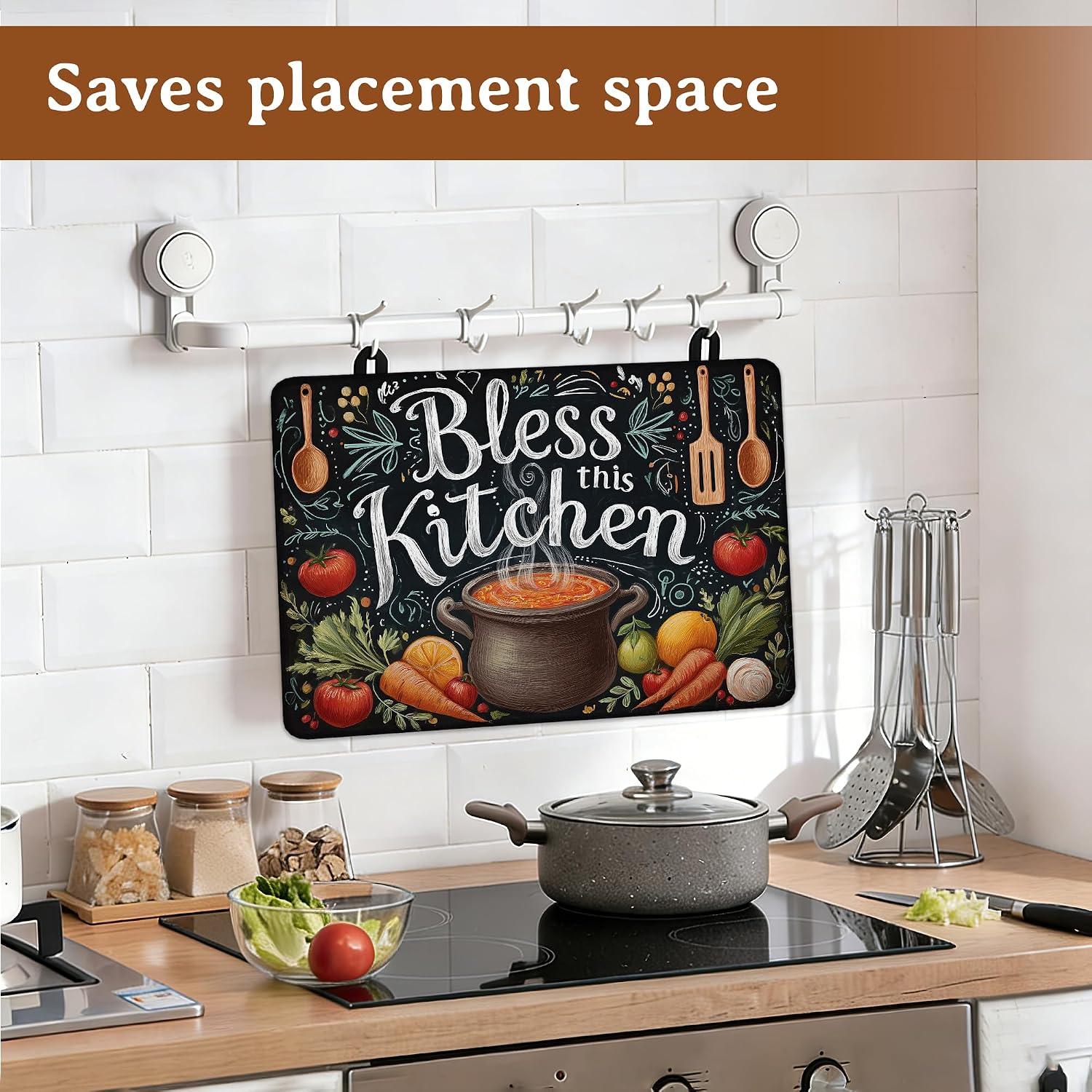 Stove Top Cover for Electric Stove,Bless This Kitchen Heat Resistant Glass Cooktop Cover for Kitchen Countertop Protector Dish Drying Mat 28.5×20.5in