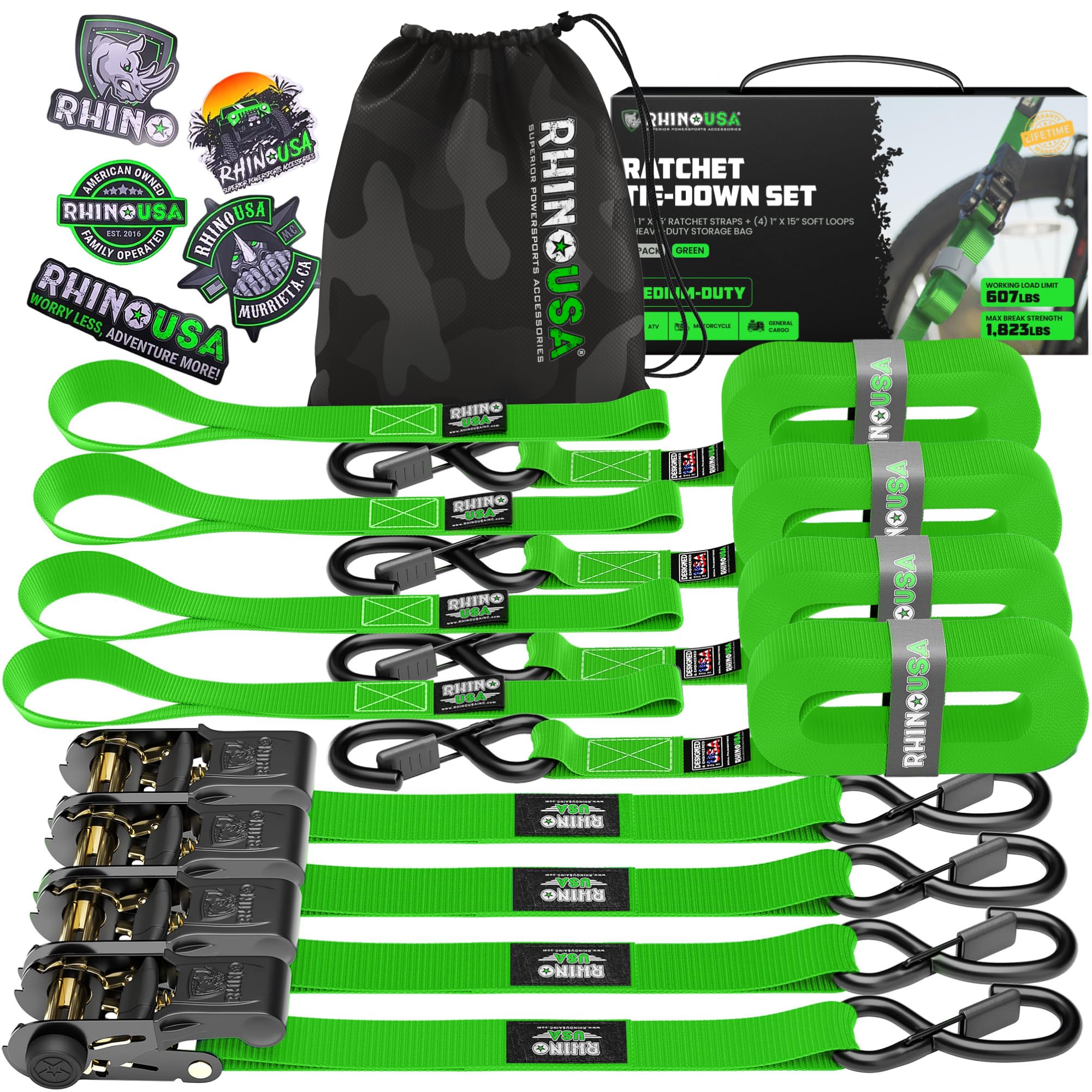 Rhino USA Ratchet Straps Tie Downs (4-Pack), 2.5cm x 4.6m (800kg Break Strength)
