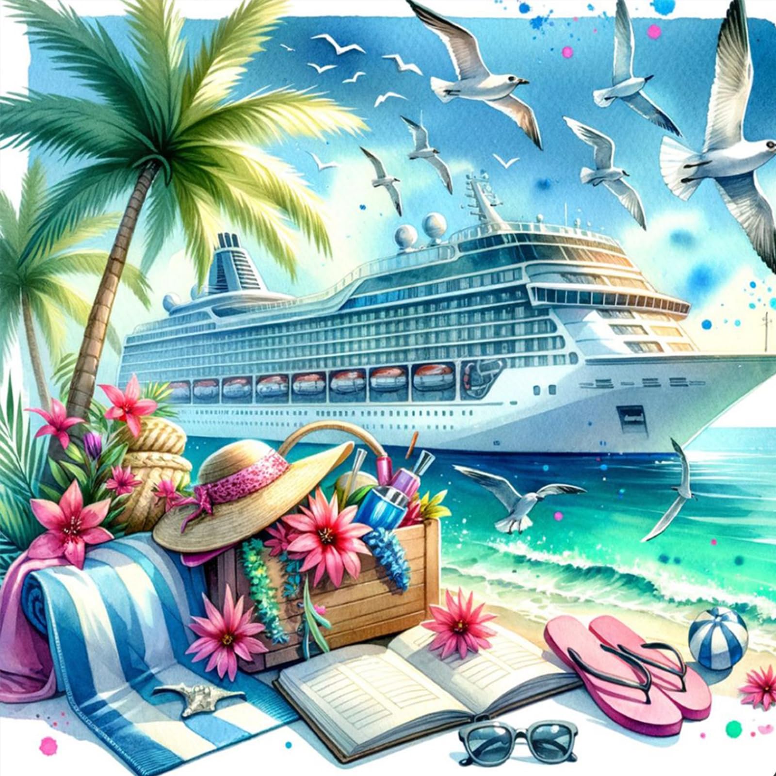 Poetrydraw Seaside Vacation Diy 5D Round Drill Diamond Art Kit For Adults & Beginners 40X40cm Wall Decor