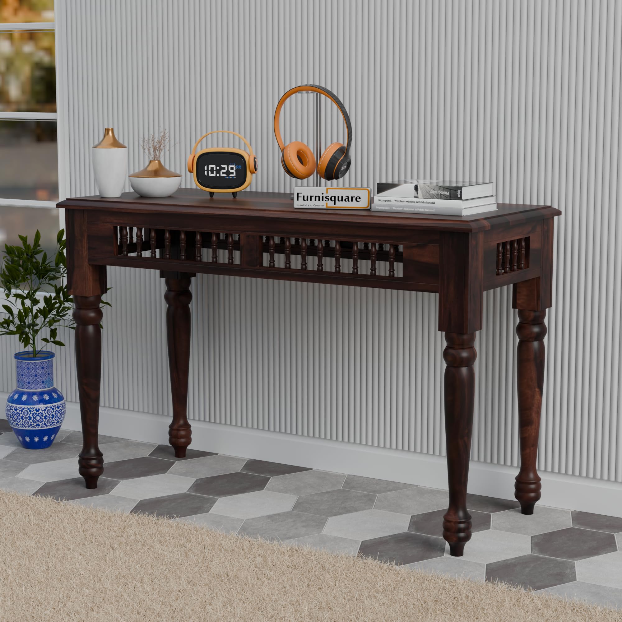 Solid Sheesham Wood Console Table for Living Room | Wooden Entryway Hallway Sofa & Fish Tank Table | Traditional Side Table for Home & Office | Rosewood Walnut Finish-image-24