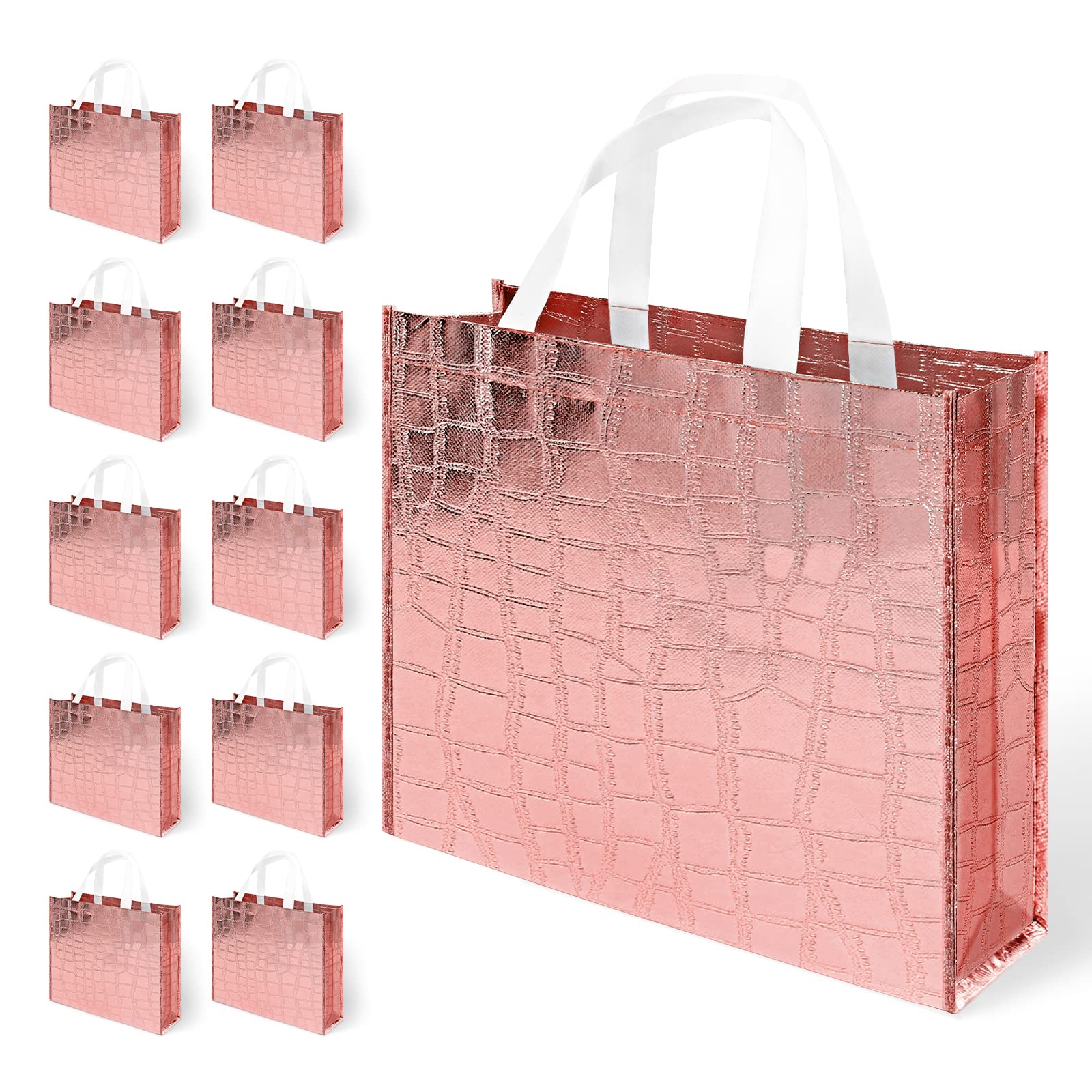 NOAH & EMMA 12PCS Reusable Glossy Rose Gold Gift Bag, Non-woven Tote Grocery Bag with Handle, Foldable Party Favor Gift Bags