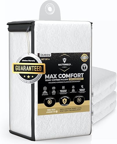 Mattshield MAX - Juego de 4 protectores de almohada superiores 100% algodón con cremallera, tamaño estándar, impermeables, transpirables y