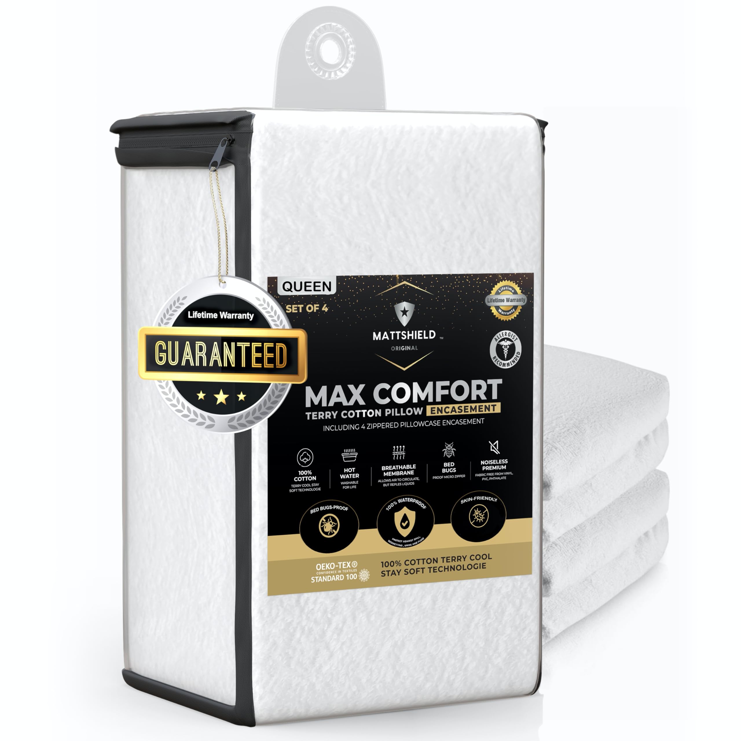 MATTSHIELD ORIGINAL 4 Pack - Bed Bug-Proof Pillow Protectors with Micro Zipper Queen Size - 100% Cotton Terry Surface, Waterproof, Hypoallergenic Bed Bug-Proof Zippered Pillow Cases