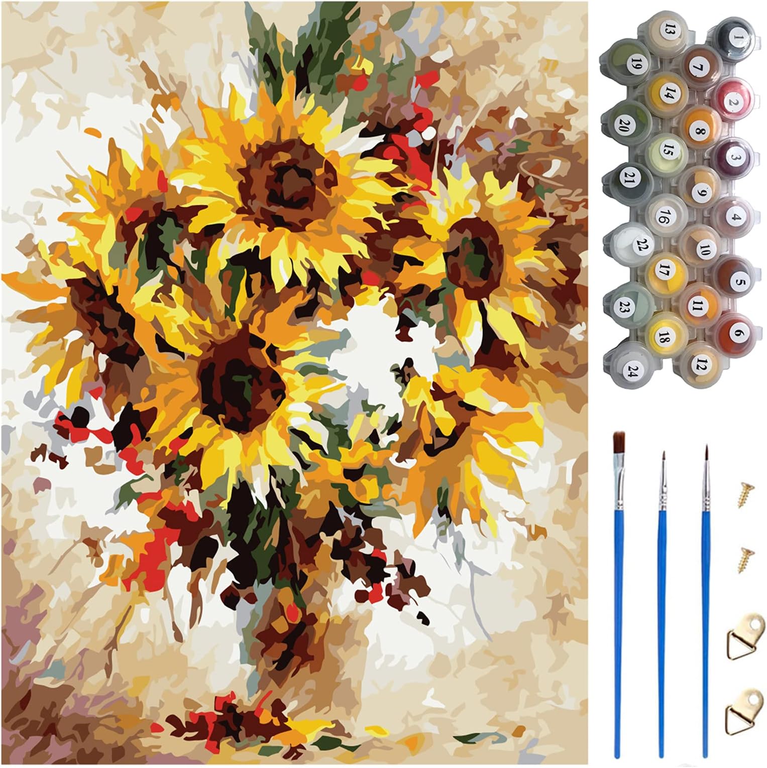 Crafts for Adults Hobby Kits, 40 * 50cm Canvas (Without Frame), 3Pcs Paintbrushes and 24 Colors Paint, Paint by Numbers Kits for Children, DIY Sunflowers Oil Painting, Gifts for Painting Lovers.