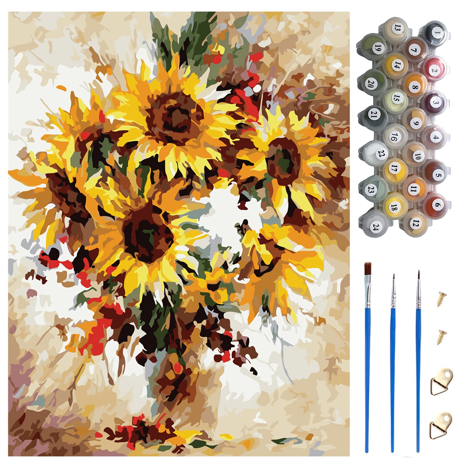 Crafts for Adults Hobby Kits, 40 * 50cm Canvas (Without Frame), 3Pcs Paintbrushes and 24 Colors Paint, Paint by Numbers Kits for Children, DIY Sunflowers Oil Painting, Gifts for Painting Lovers.