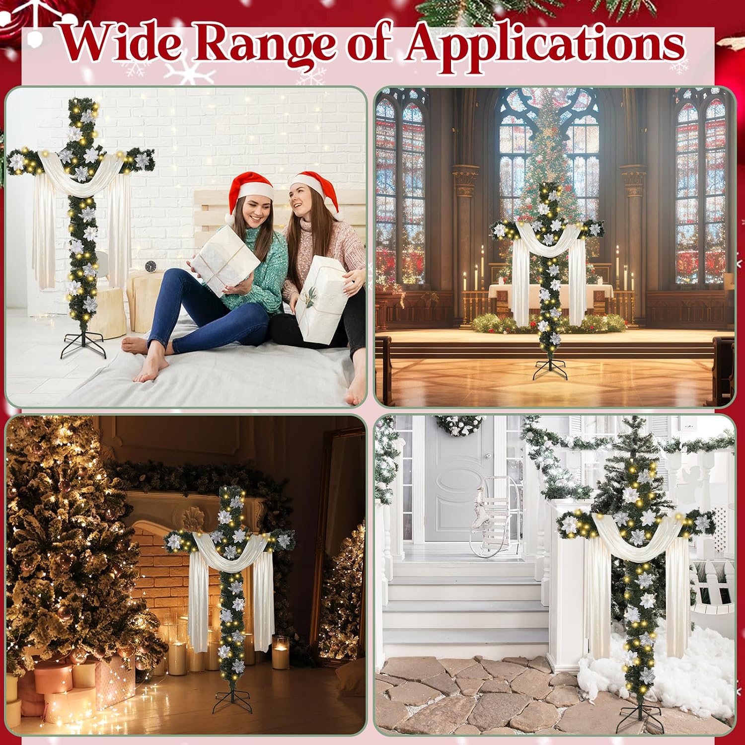 Justforjoyful 7ft Christmas Cross Tree with Light & Scarf，Poinsettias