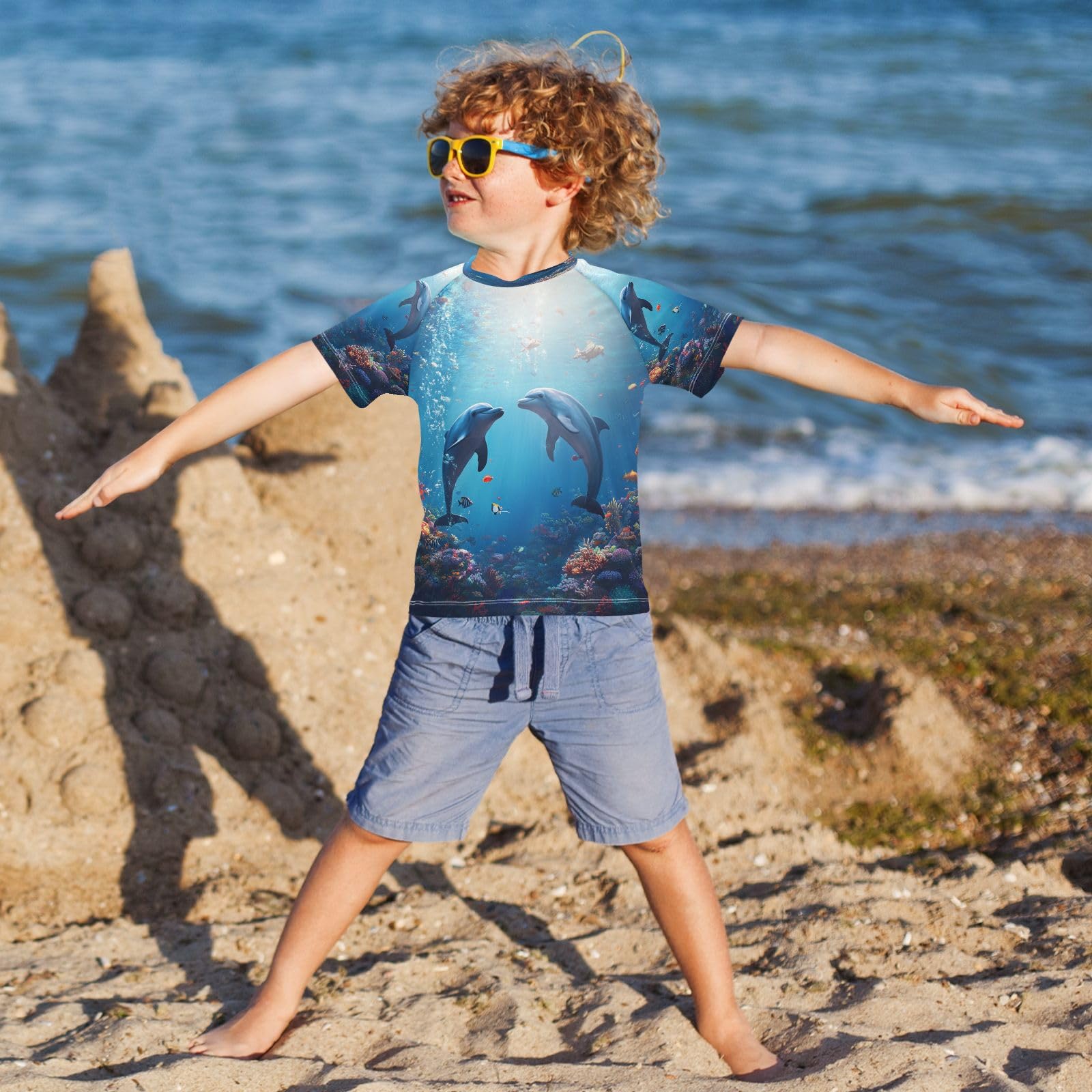 Boys Sun Shirts UV Protection Short Sleeve Rash Guard Swim Shirt Dolphin Water Shirt Rashguard 11-12T,66