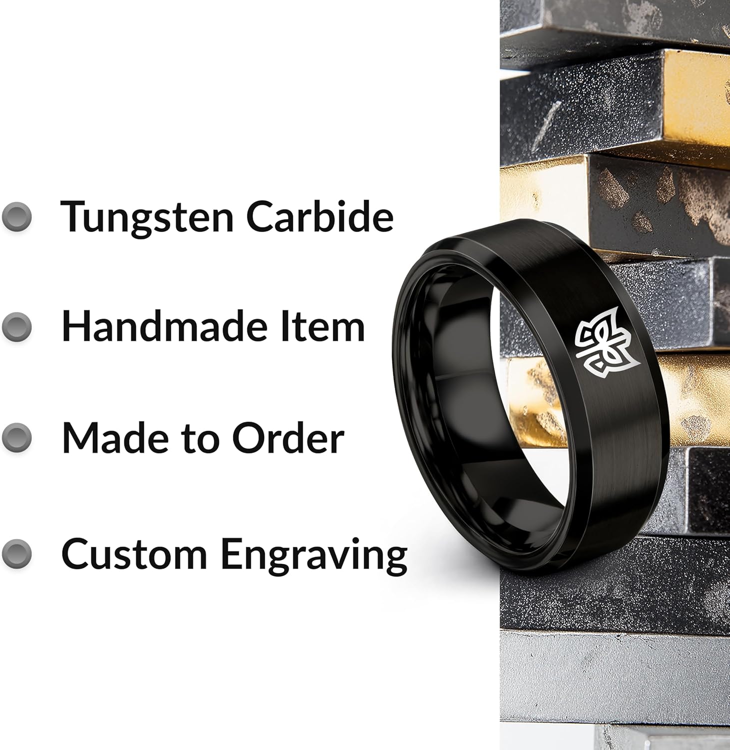 Gift for Masquerade Ball - Masquerade Mask Ring - Band - Brushed Polished - Flat Dome Bevel - Men Women - 8mm - Tungsten - Silver Yellow Rose Gold Black - Anniversary Wedding - Personalized Custom Eng