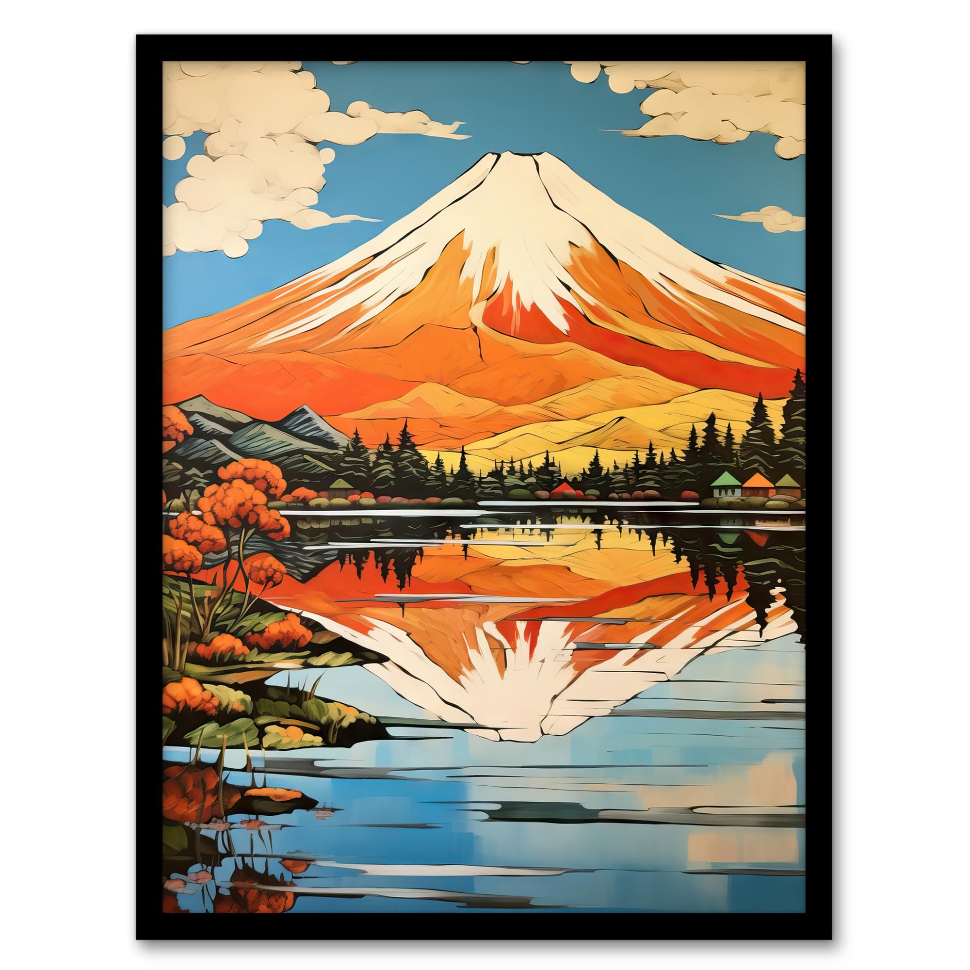 Artery8 Mount Fuji Reflecting In Lake Kawaguchi Waters Oil Painting Japan Sacred Volcano Mountain Artwork Framed Wall Art Print A4