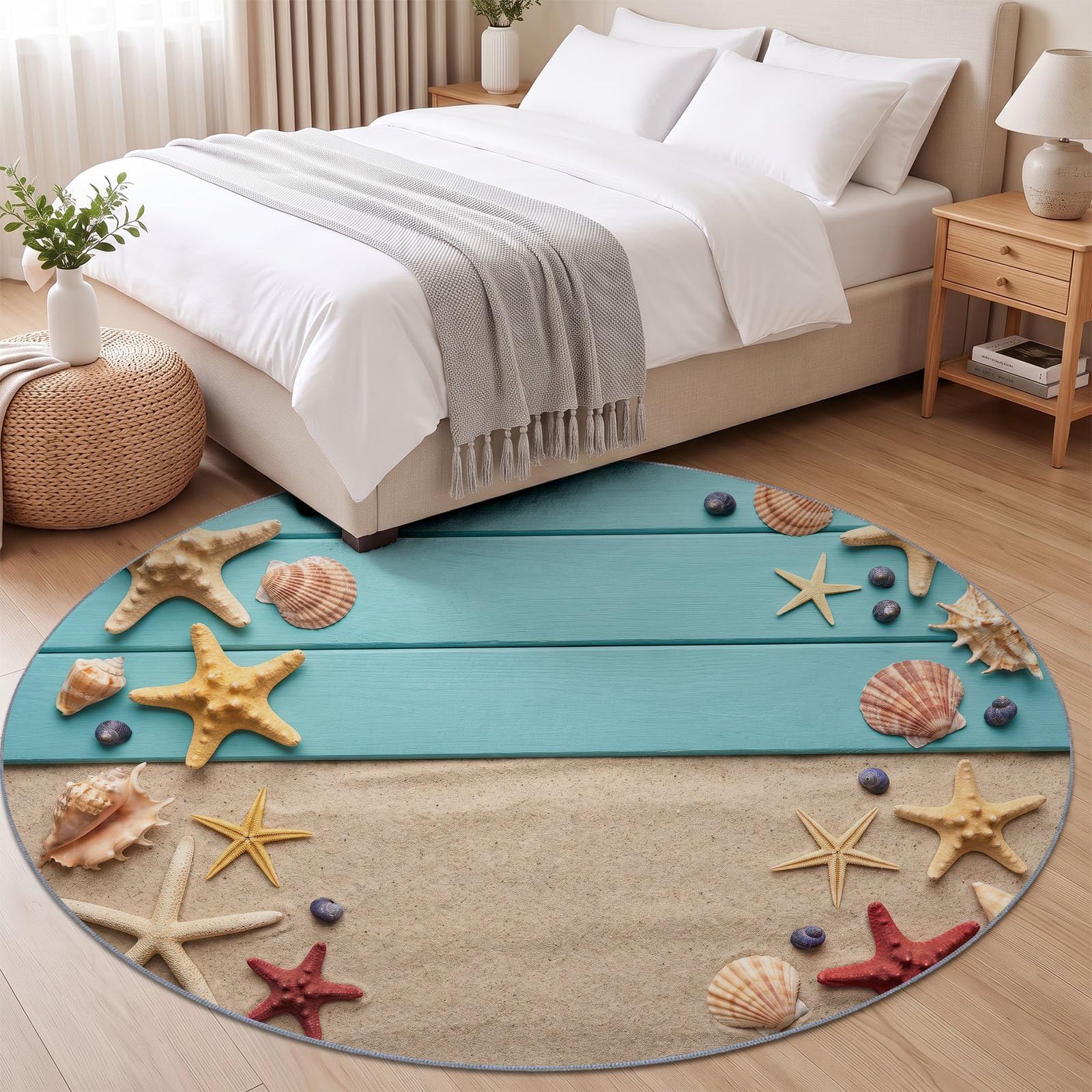 Tapis Rond Cotier Tropical 120 cm, Etoiles De Mer Coquillages Plage Lavable en Machine pour Salon, Bleu Antidérapant, Poil Court Tapis Rond Imprimé pour Chambre d’Enfant Nurserie