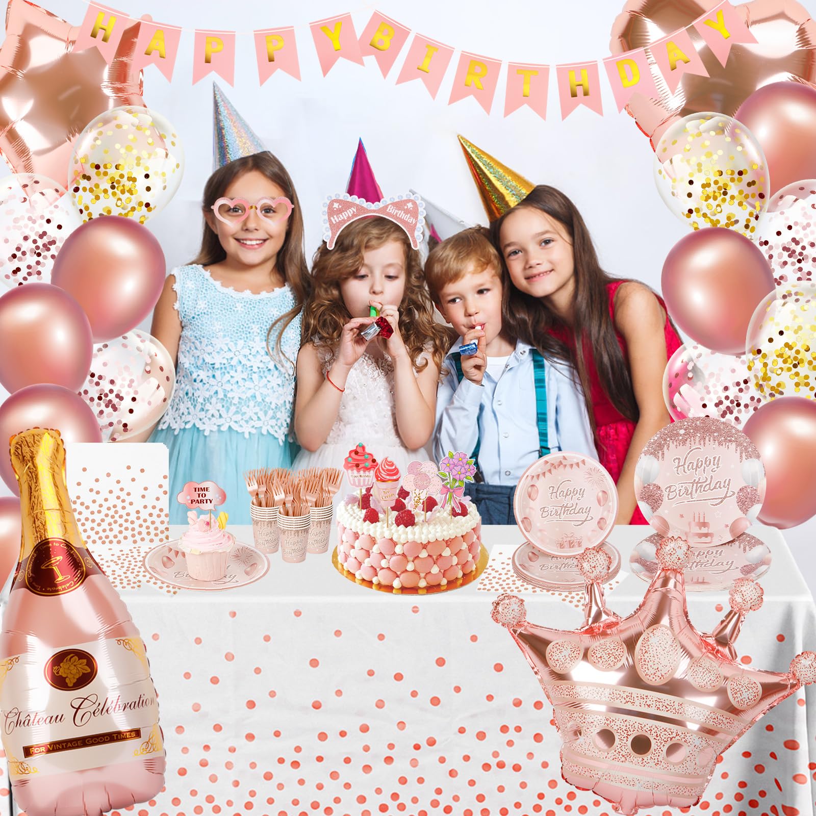 Decorazioni per feste di buon compleanno per donne, piatti di compleanno in oro rosa, tovaglioli, striscioni da appendere a vortice, articoli per feste per ospiti, oro rosa