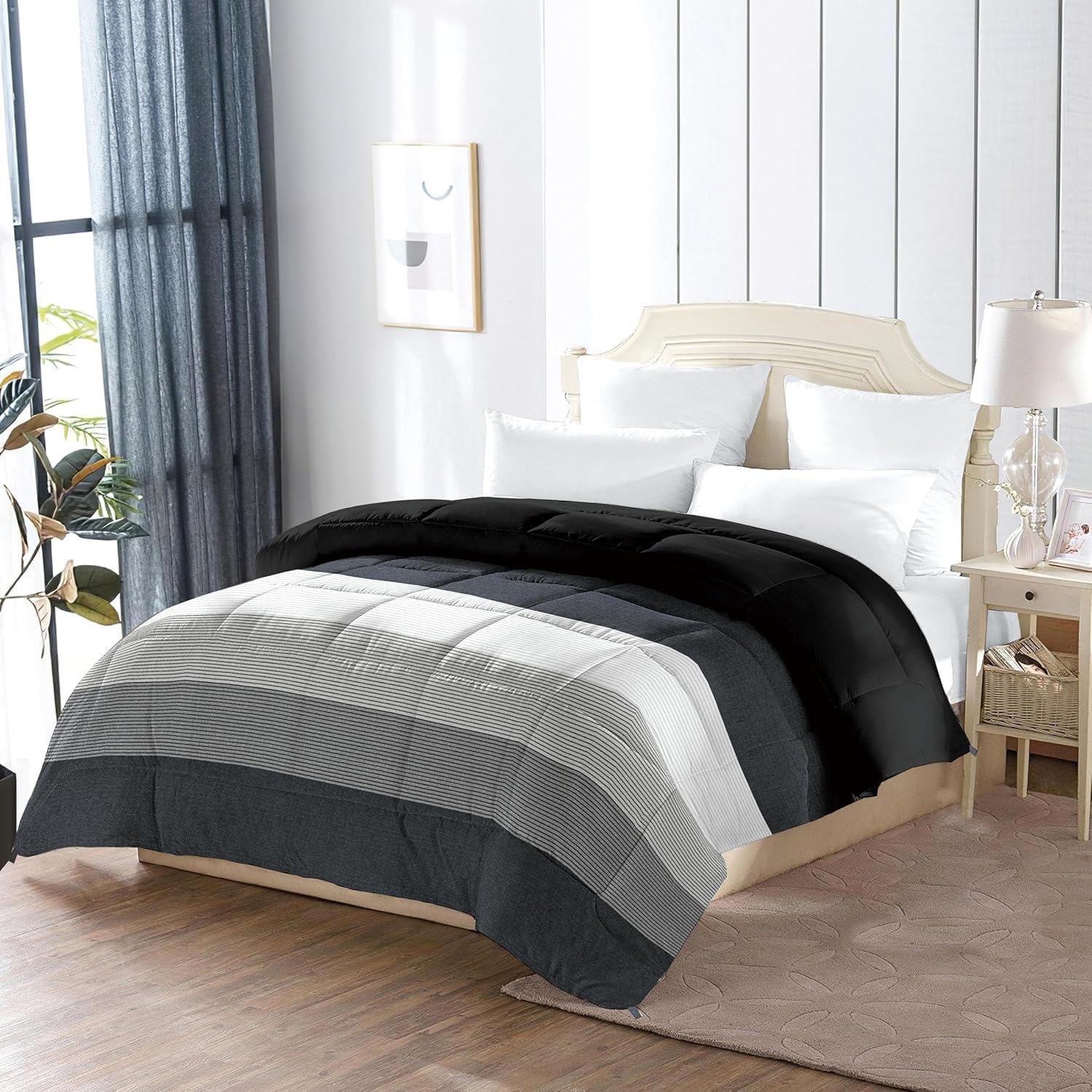 Piumino Matrimoniale 4 Stagioni 220x240 cm Stampe In Bianco Nero E Grigio, Semplicità Piumone Matrimoniale Invernale Morbido Avvolgente, Piumino Imbottito Resistente Lavabile in Lavatrice