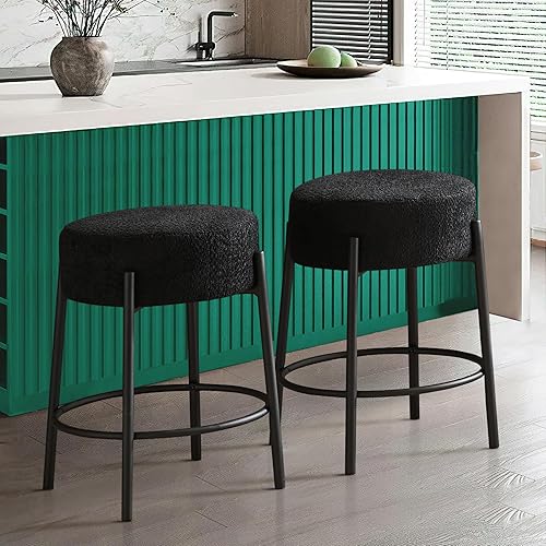 Miniatura 1 de Dolonm Juego de 2 taburetes de bar redondos de 24 pulgadas, tapizados de tela de peluche, sillas Bouclé y sherpa, taburetes de isla de cocina sin