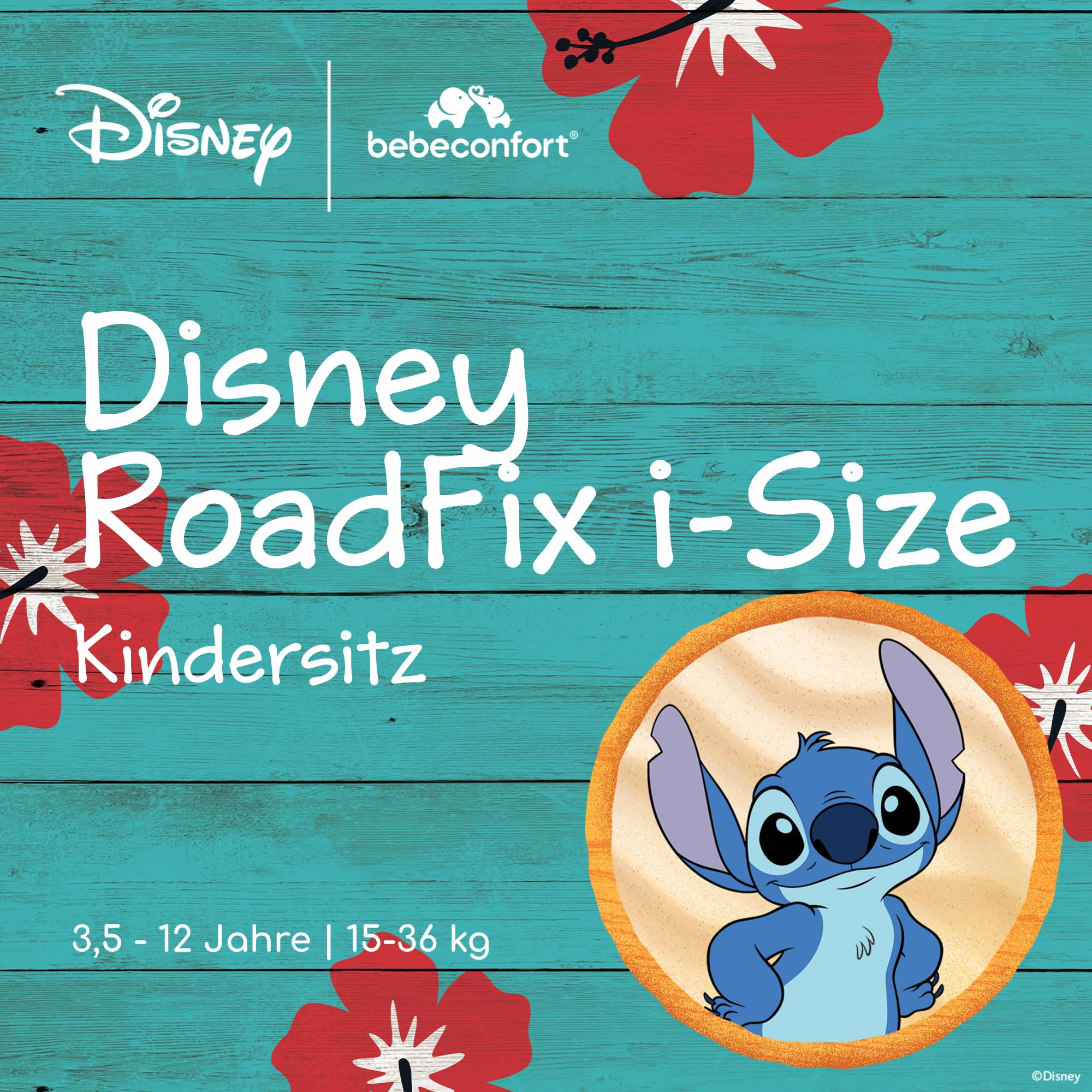 Bebeconfort Disney RoadFix i-Size, Kindersitzerhöhung mit Rückenlehne, 3,5–12 Jahre (100–150 cm), Folgekindersitz Stitch Disney, Klappbar, Leicht (4,4 kg), 14 Kopfstützenpositionen, Authentic Stitch