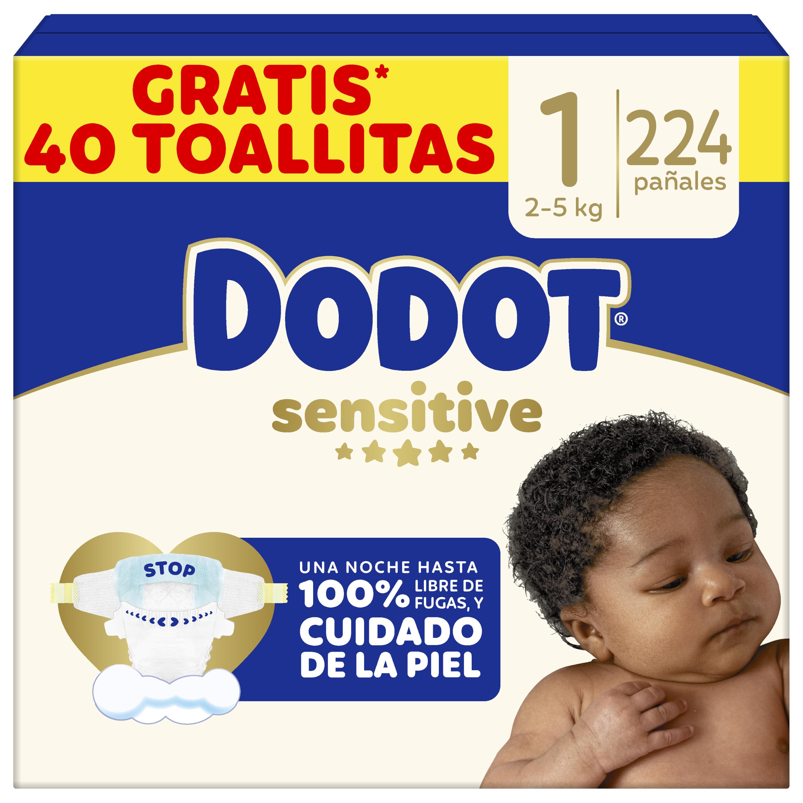 Dodot Pañales Bebé Sensitive, Talla 1 (2-5kg), 224 Pañales + 1 Pack de 40 Toallitas Regalo de Aqua Plastic Free, Nº1 en Protección de la Piel deDodot, Pack Mensual en oferta en Amazon