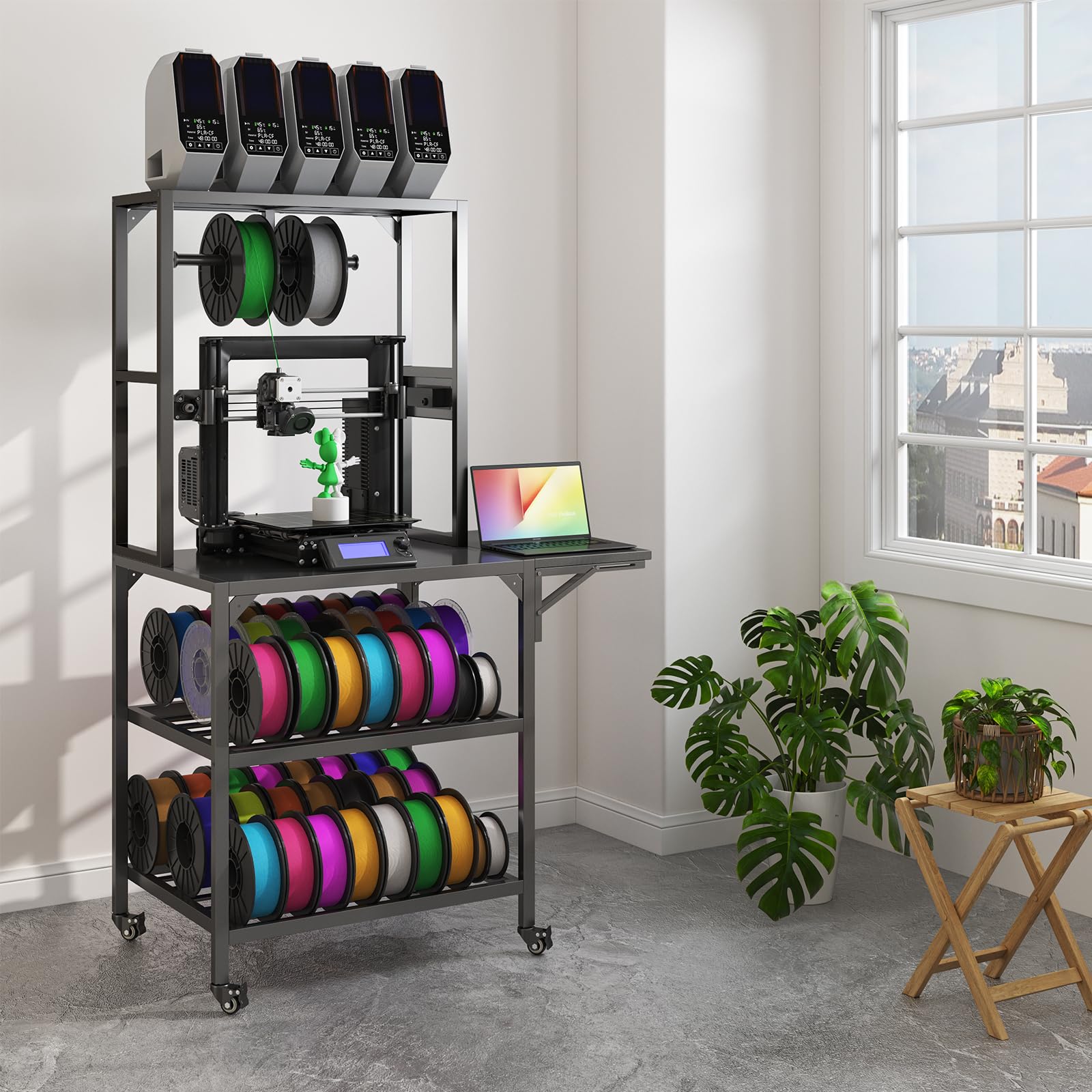 3D Printer Stand with Filament Storage, Heavy-Duty 3D Printer Table with Wheels and T-Type Filament Holders, Rolling 3D Printing Workbench for Home Office & Studio