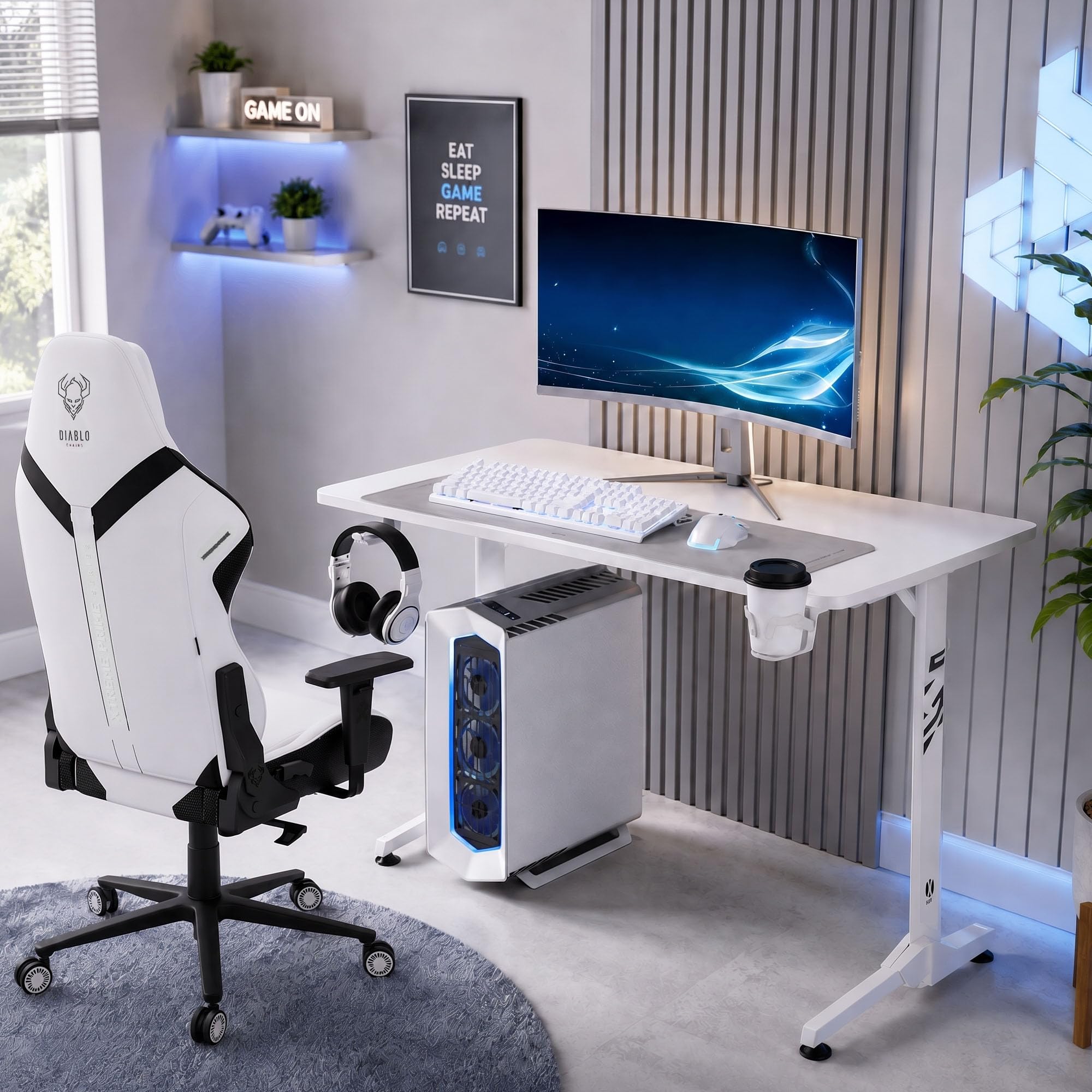 Diablo Escritorio Gaming Escritorio Gamer Grande Mesa PC con gestión de Cables Alfombrilla Soporte Auriculares portavasos Escritorio Ordenador ergonómico Estable Resistente Setup 100 x 60 x 75 cm