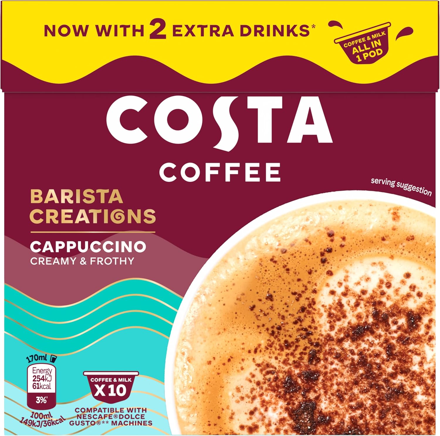 Costa Coffee Dolce Gusto Cappuccino One Pod 10 x 16g, Creamy and Frothy. Now with 2 extra drinks