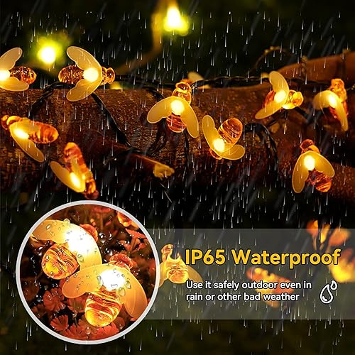 Miniatura 2 de ITICdecor - Cadena de luces solares de abejas, 30 luces LED, 8 modos, linda luz de abeja, luces impermeables para exteriores, luces de hadas