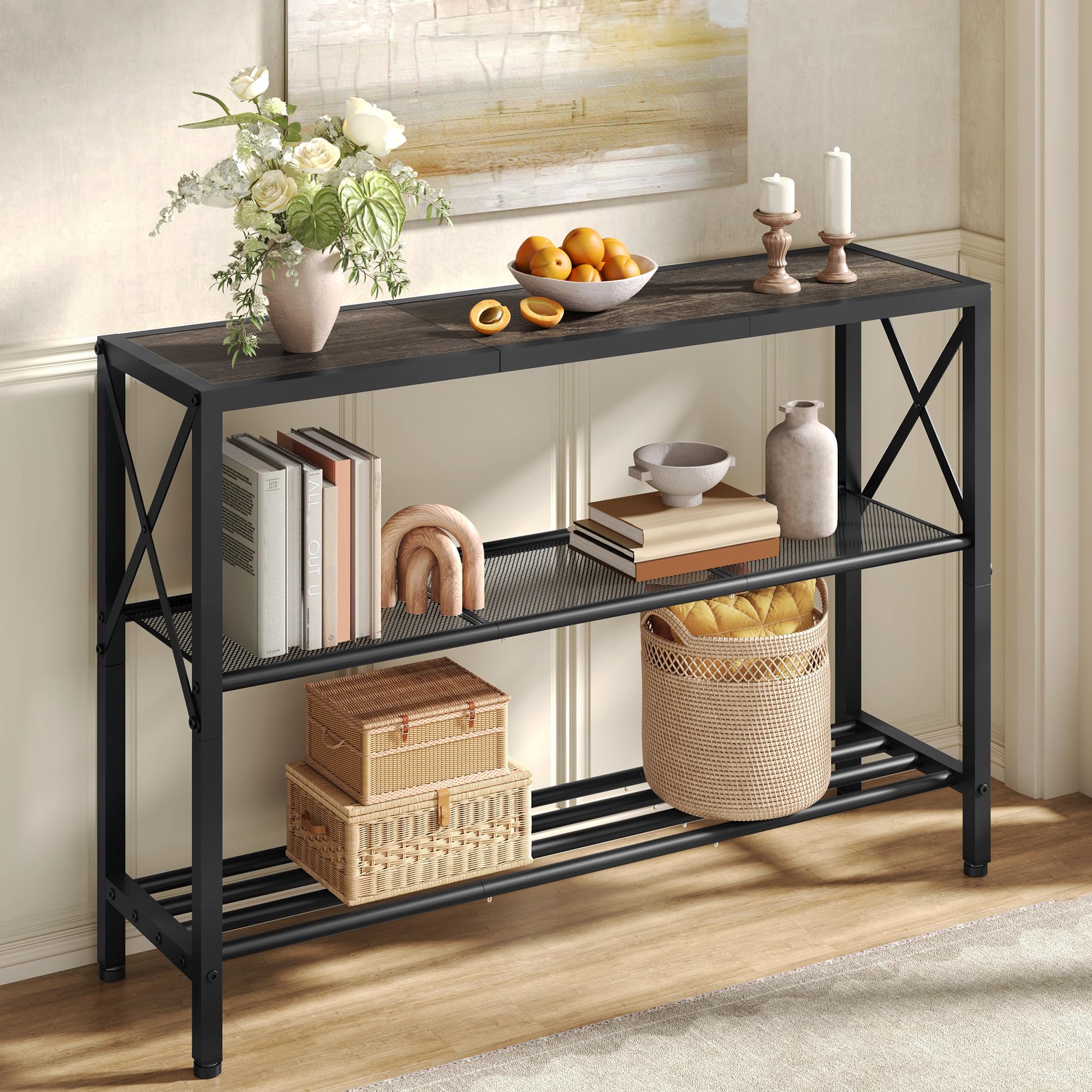 Hoctieon Industrial Console Table, 3 Tier Entryway Table, Hallway Table, Narrow Sofa Table with Shelves, Entrance Table for Entryway, Living Room,