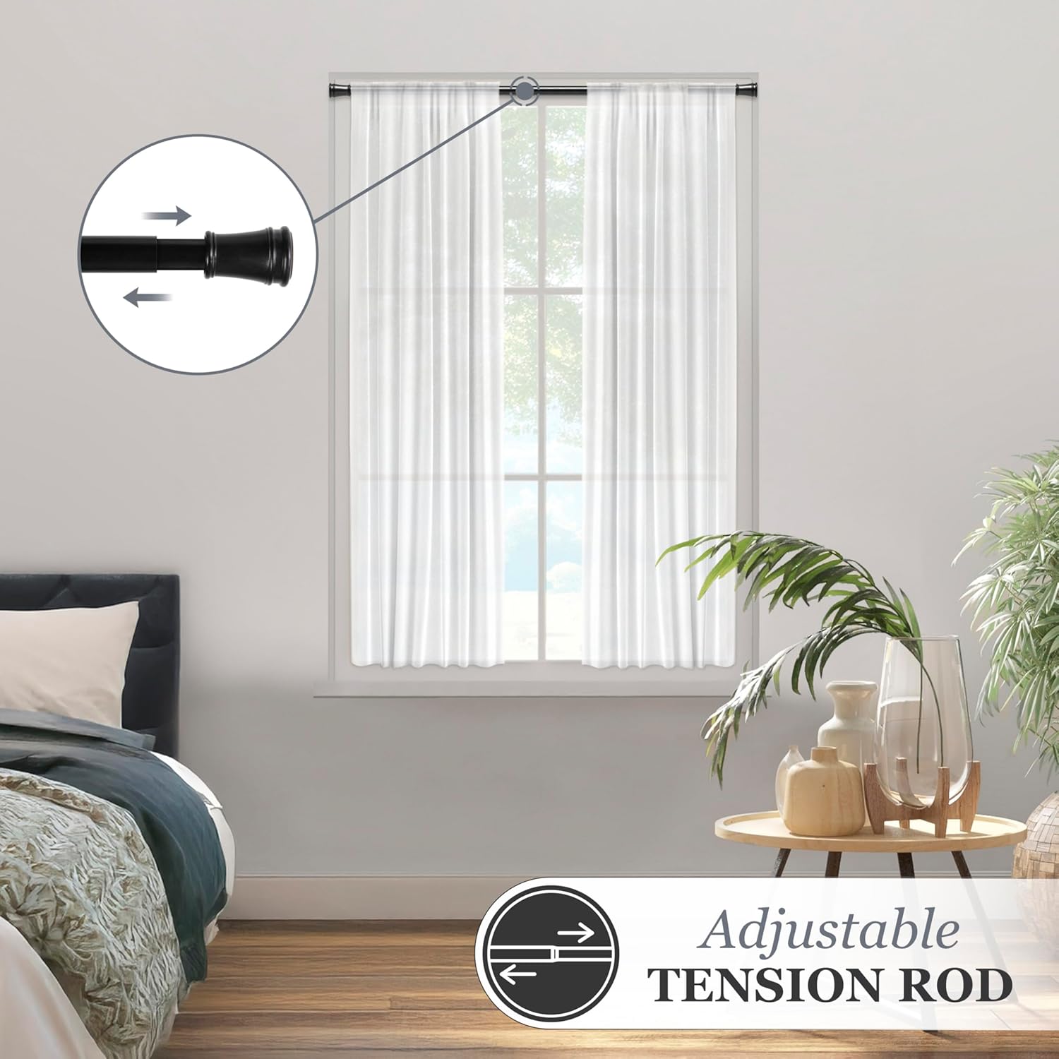 Kenney KN634 Rogers Twist & Fit No Tools Easy to Install Tension Curtain Rod, 28-48" Adjustable Length, Black Finish, 5/8" Diameter Steel Tube