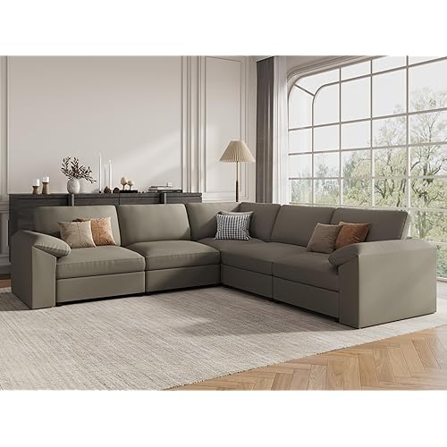 EASE MOOSE Oversized Corner Modular Sectional Sofa, Faux Leather Sectional Sofa with Deep Seat, Scratch Resistant Faux Leather Material, Extra Large L Shaped Couch, Light Grey
