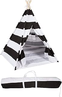 6' Canvas and Pine Wood Teepee With Carry Case - Playful Stripes - By Trademark Innovations (Black Stripes) - coolthings.us