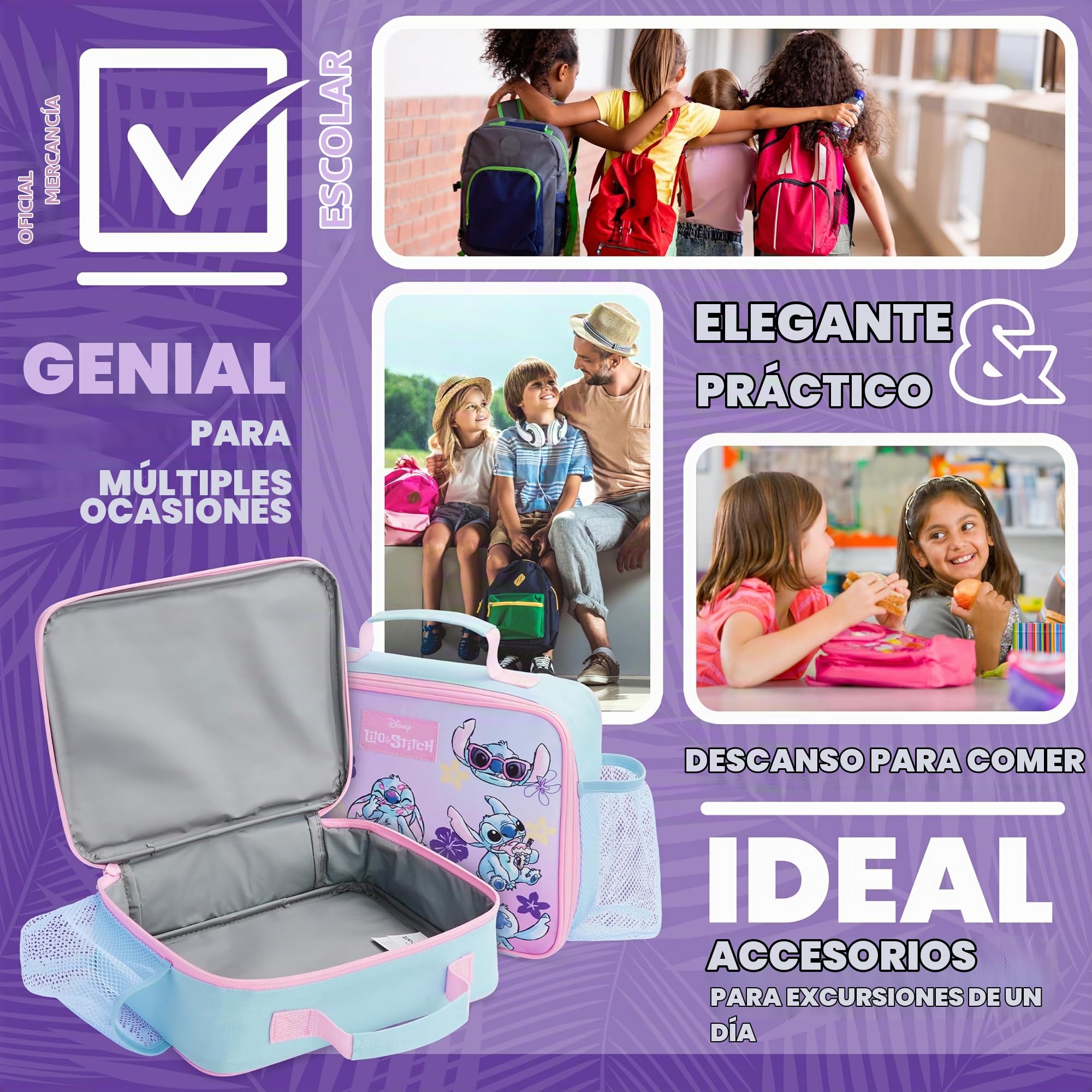 Disney Stitch Bolsa de Almuerzo Termica Portátil para Niños (Rosa/Azul)