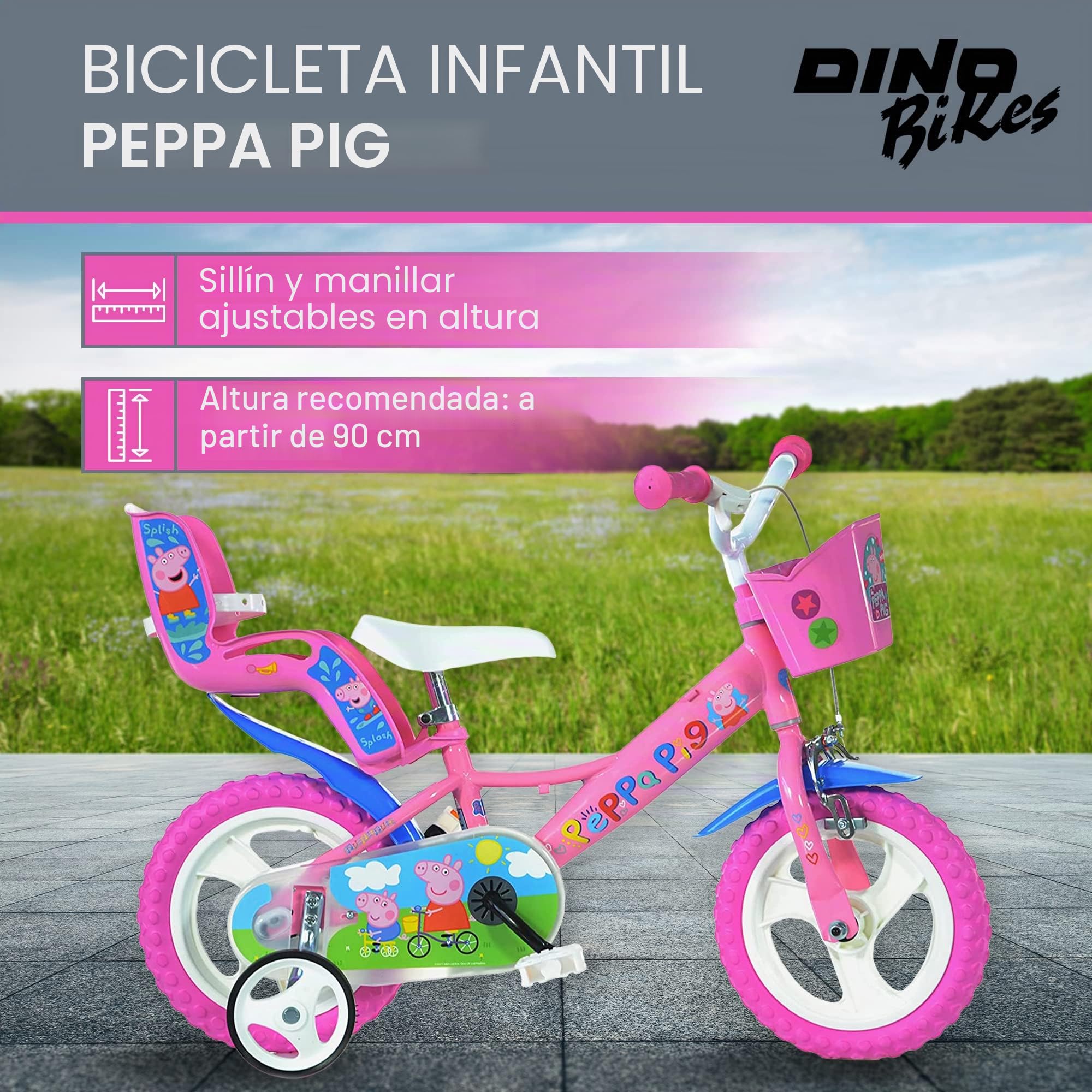 Dino Bikes – Bicicleta Infantil de 12 Pulgadas Peppa Pig – Bicicleta para niña con estabilizadores Desmontables a Partir de 2 años – Bicicleta Infantil con Cesta Frontal y portamuñecas – Sillín
