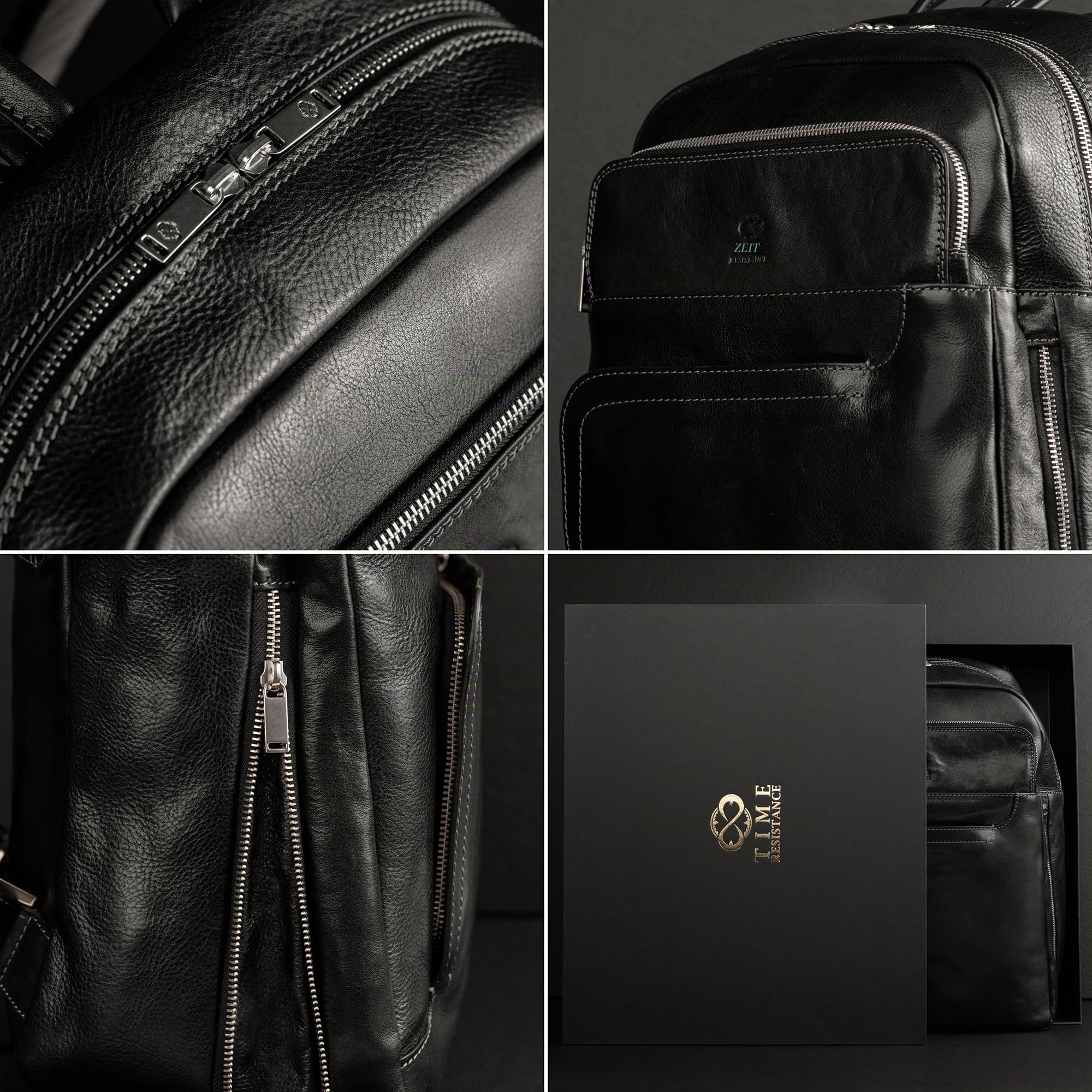 Time Resistance Schwarz Leder Business Rucksack - Leder Rucksack für Laptop oder A4 Portfolio - Computer Rucksack Made in Italy