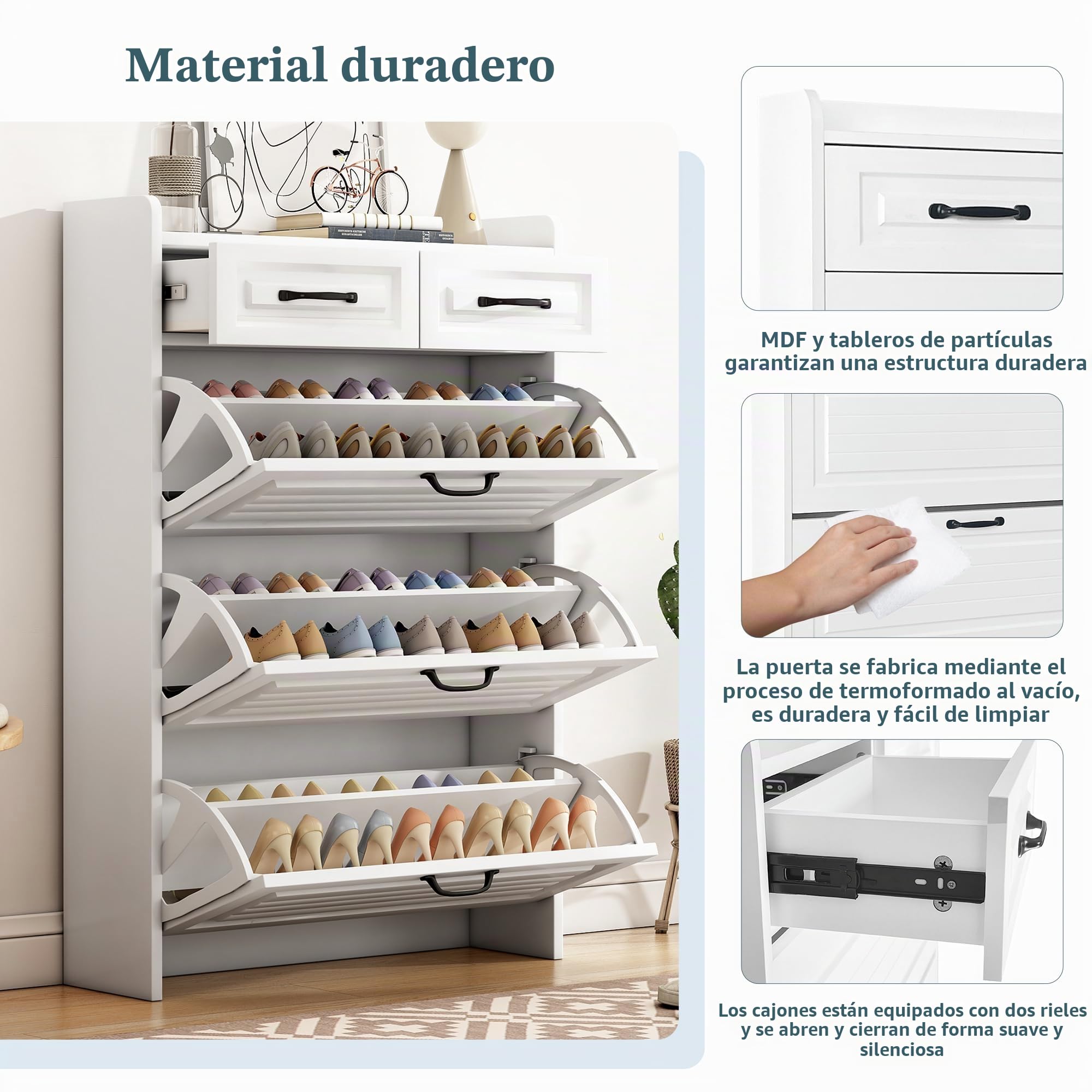 Zapatero con cajón giratorio, zapatero 80 x 23,5 x 125 cm de madera con tres grandes solapas y dos cajones, zapatero de madera, estante para zapatos (Blanco)
