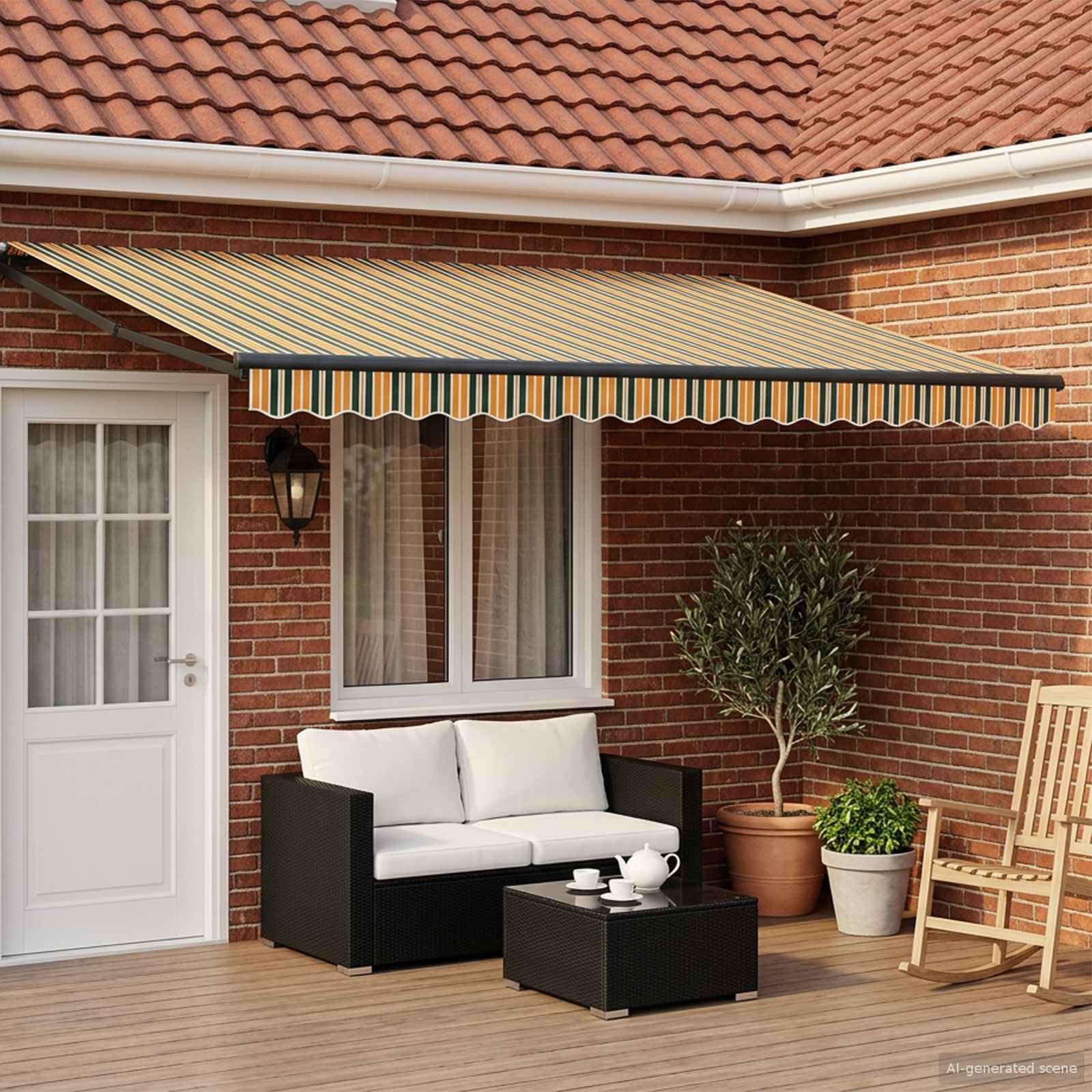 Toldo eléctrico extensible verde y amarillo 5 x 3 m con iluminación LED y sensor meteorológico, marco de aluminio, resistente a la intemperie, protección solar, cortavientos para jardín