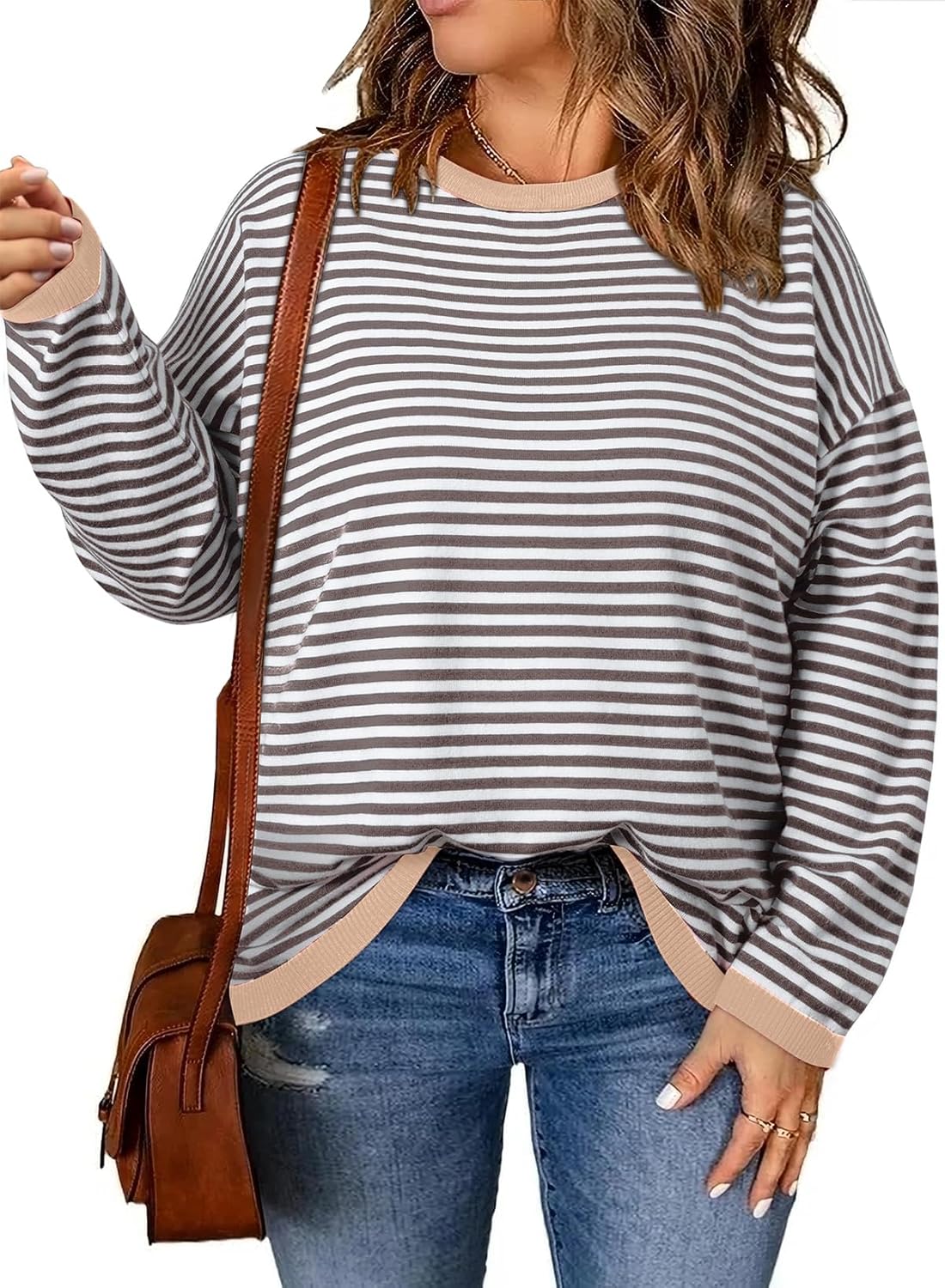 Eytino Plus Size Sweaters for Women Casual Striped Color Block Long Sleeve Round Neck Pullover Jumpers Tops(1X-5X)