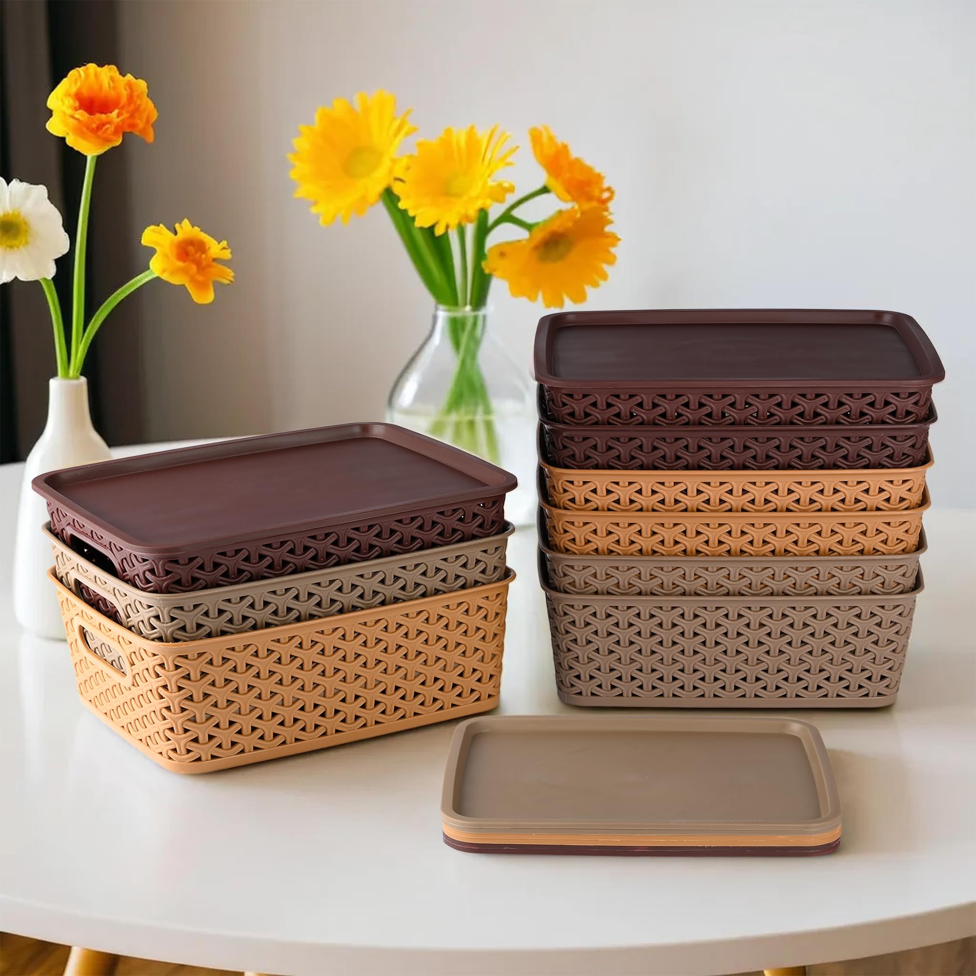 Kuber Industries Pack of 9 Multipurpose Solitaire Storage Basket with Lid|Strong Plastic Material & Side Grip|Size Medium 30 x 24 x 12, (Multi)-CTLTC10891