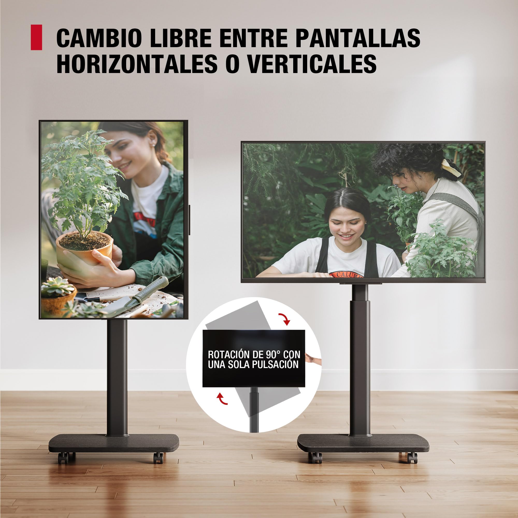AOKCOS Soporte de TV enrollable con estante de madera, soporte de televisión con ruedas para televisores planos y curvos de hasta 35 kg, giratorio 90°, altura ajustable, máx. VESA 400 x 400 mm (negro)