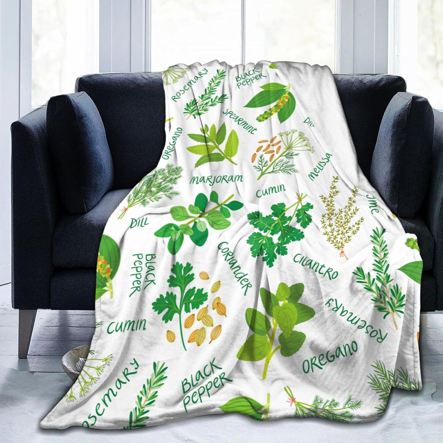 Herb Green Plant Pattern Blanket, Soft Blankets Flannel Bed Throw Cozy Lightweight Plush Gifts for Women Men Boys Girls Sofa Couch Bedroom Living Rooms Warm All Season, Home Decor, Small 50"x40"