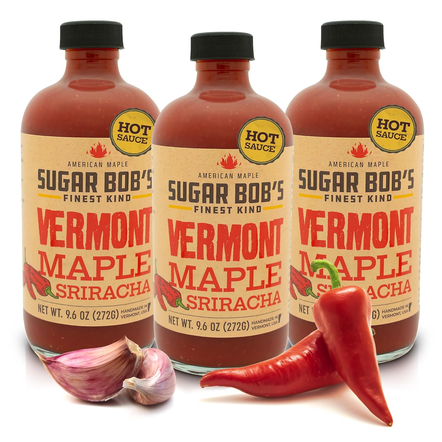 Sugar Bob’s Finest Kind - Vermont Maple Sriracha, Original Sweet and Spicy Hot Sauce, Net Wt. 9.6 oz. (Pack of 3)