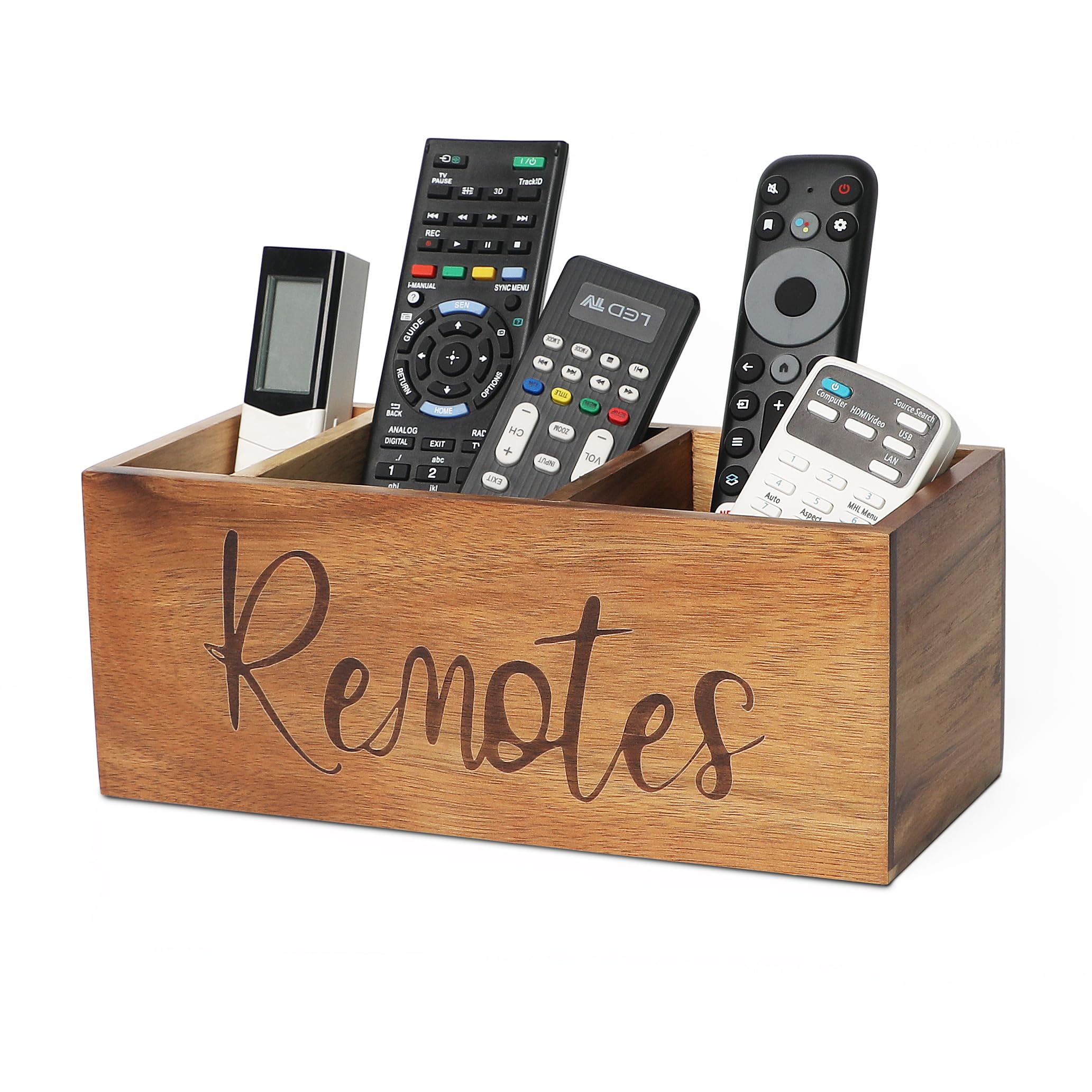 LBEMEY Remote Control Holder Caddy, Acacia Wood TV Remote Holder, Remote Organizer for Table, Vintage Farmhouse Desk Caddy (Brown-for 5+ Remote