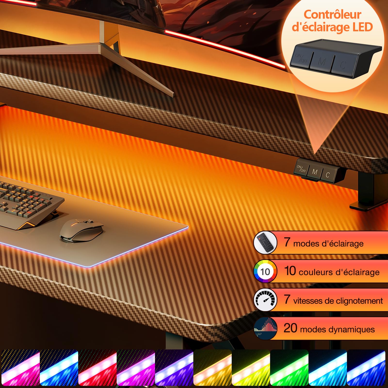 ODK Bureau Gaming avec Lumières LED, 80cm Bureau Gamer avec Support de Moniteur, Table Gaming avec Porte-Gobelet et Crochet pour Casque D'écoute, Fibre de Carbone Noir
