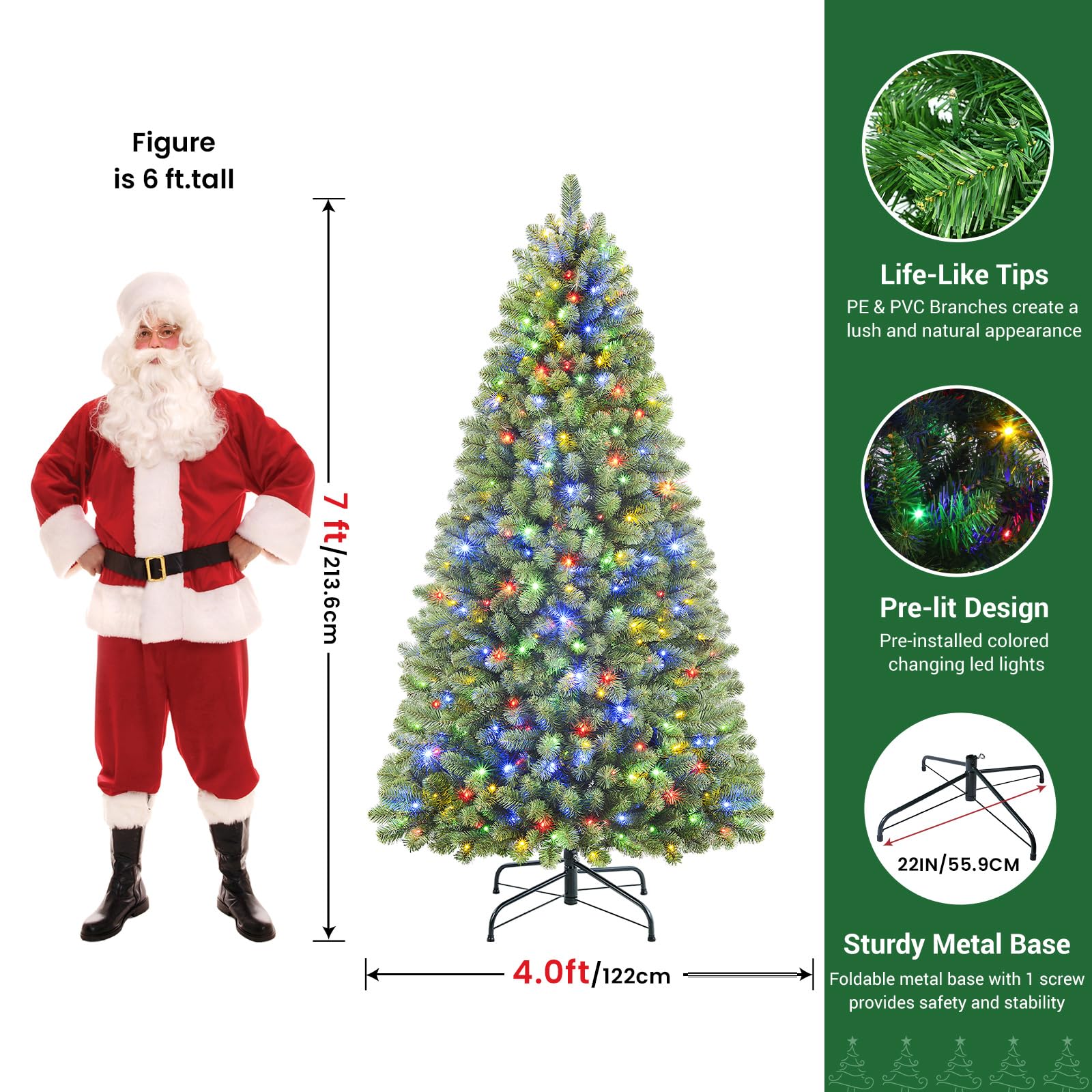 SHareconn 210 cm Arbol de Navidad Artificial con Luces Led, con 1062 PVC Puntas de Rama, con 400 Luces Blancas Cálidas & Multicolores y 12 Modos de luz, Soporte de Metal Plegable, Montaje Rápido