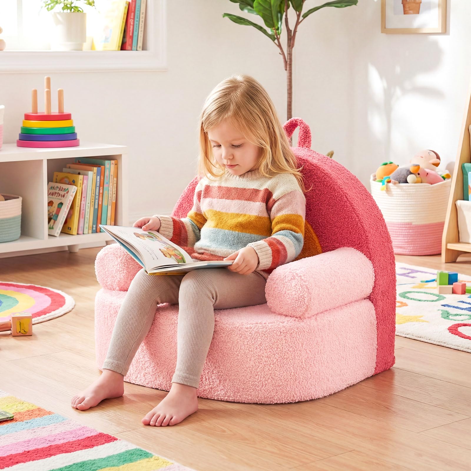 COSTWAY Kindersofa in Regenbogenform, Kindersessel gepolstert aus Schaumstoff & Teddystoff, Kindercouch mit waschbarer Bezug & rutschfeste Unterseite, Spielsofa für Kinder ab 3 Jahren, Rosa