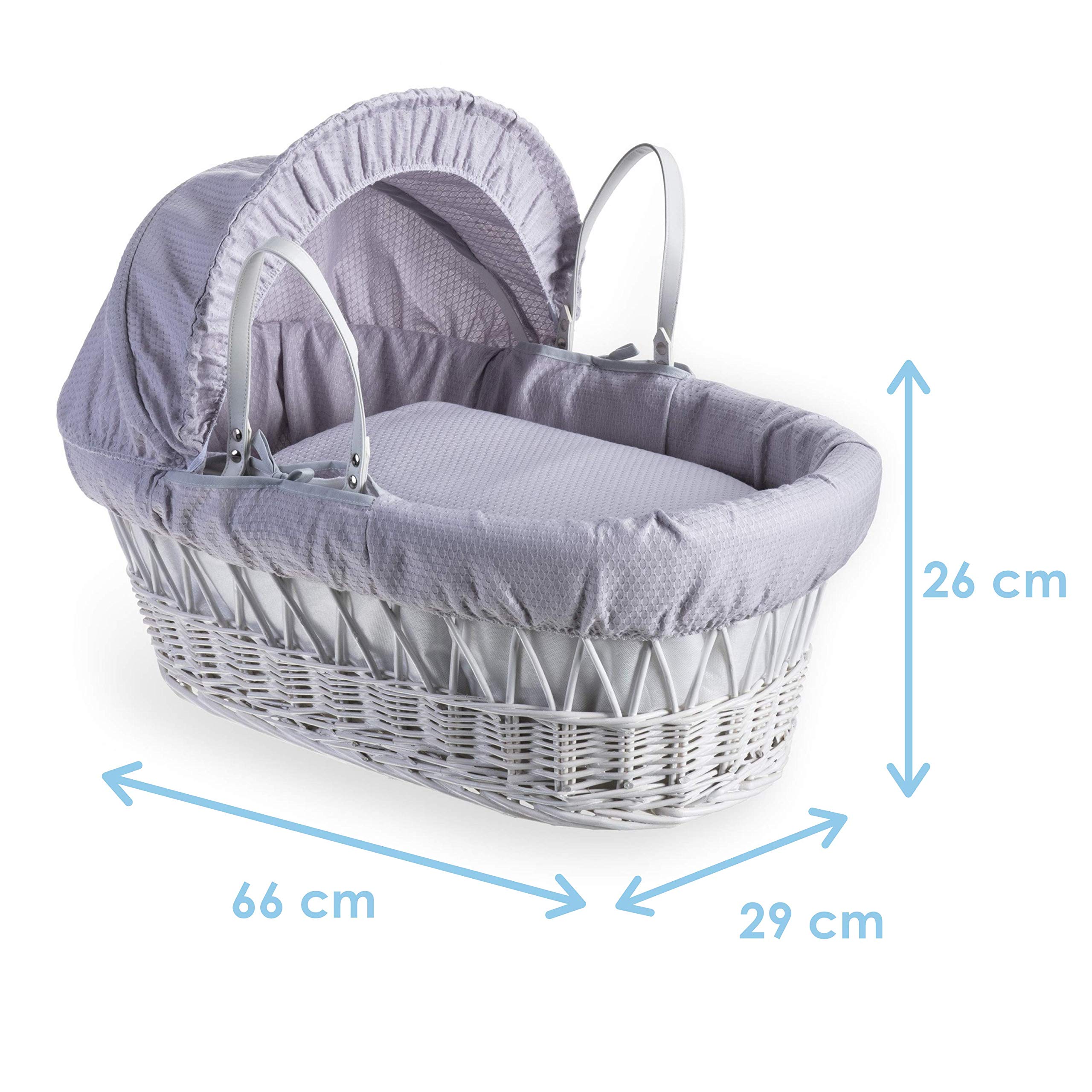 Clair de Lune Cotton Dream Weidenkörbchen mit Bettwäsche, inkl. Matratze, Kapuze, gepolstertem Innenfutter, Decke, in Großbritannien hergestellt, Grau