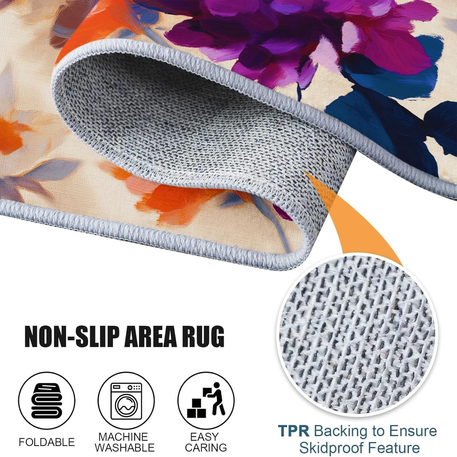 Round Rug 2 ft Retro Plants and Flowers Washable Circle Rugs Cream, Non-Slip Soft Round Carpet for Bedroom Bathroom Entryway Kids Room Office College Dorm