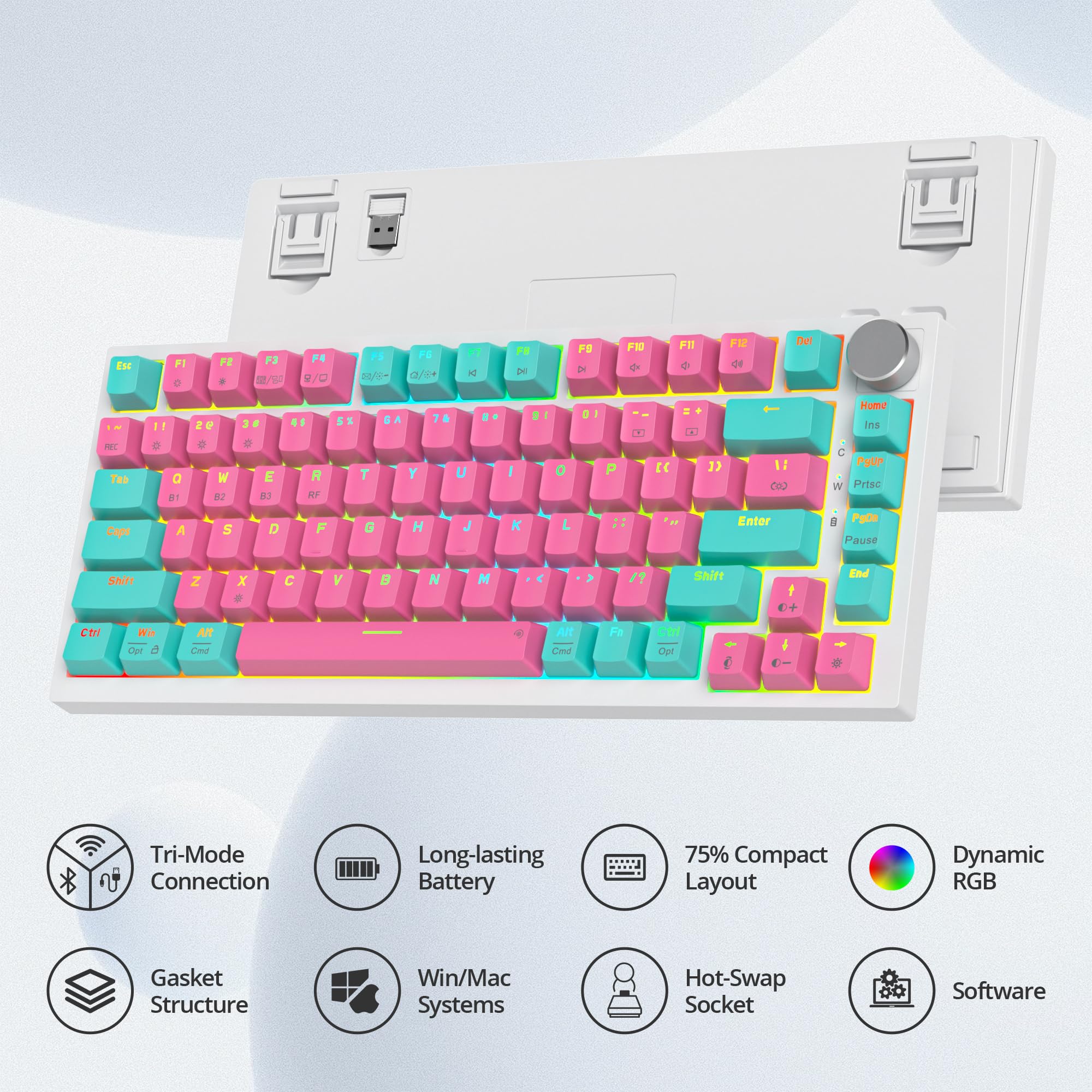 Tastiera 75 Percento Meccanica Wireless,USB/Bluetooth/2.4G,Retroilluminata RGB, Creamy Keyboard TKL Tastiera Compatta da Gaming con Knob Hot-swap per PC,MAC Layout QWERTY americano